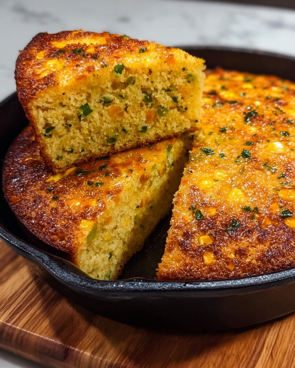A close-up image of a thick golden cornbread cut into slices in a round black cast iron pan, sitting on a wooden surface. The cornbread has a crispy, browned crust with a moist, crumbly inside showing bits of orange corn and green chives scattered throughout. The top layer is shiny and slightly textured with melted cheese or butter, giving it a rich, inviting look. The photo is focused on one slice slightly pulled out, highlighting the soft interior and details of the crust. photo taken with an iphone --ar 4:5 --v 7