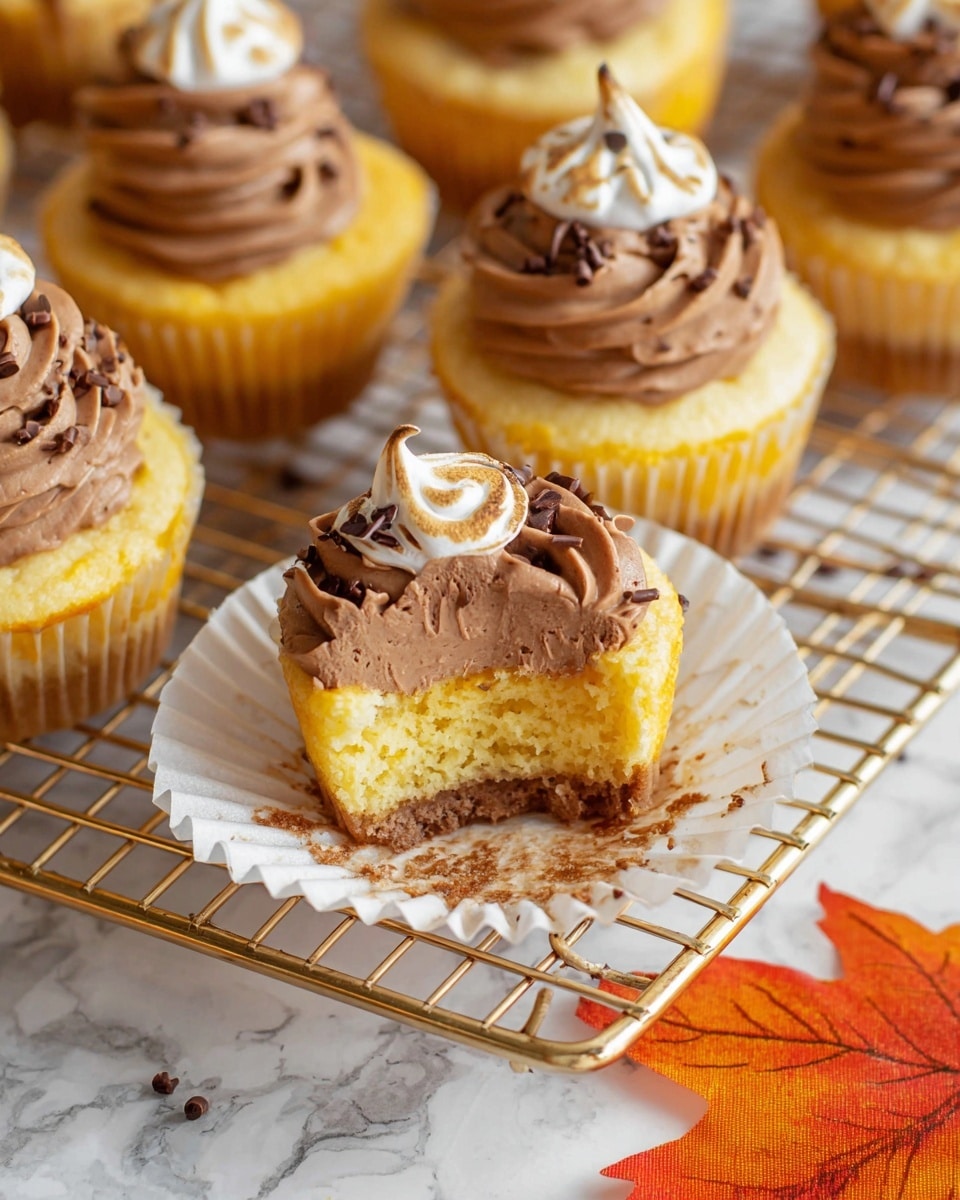 The image shows a group of small yellow cupcakes in white paper liners with one cupcake partially unwrapped and bitten into, revealing a soft, crumbly texture. Each cupcake has three visible layers from bottom to top: a thin brown crust base, a thick yellow cake layer, and a swirl of smooth light brown chocolate frosting. On top of the chocolate frosting is a small, toasted white meringue dollop with a slight golden brown tip. Tiny chocolate shavings are scattered on the frosting and the surrounding cupcake paper. The cupcakes are placed on a gold wire cooling rack set on a white marbled surface with an orange-red autumn leaf nearby. photo taken with an iphone --ar 4:5 --v 7