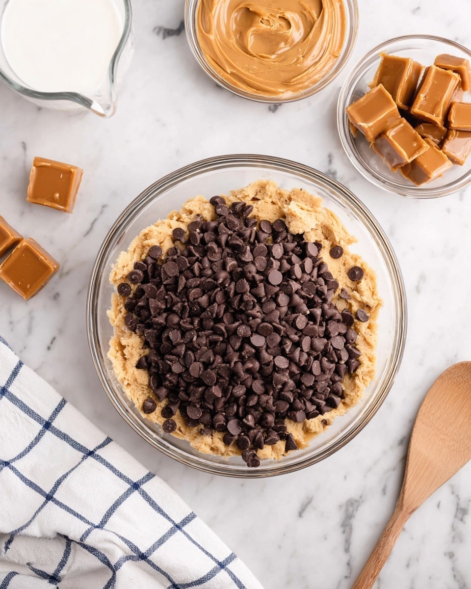 A clear glass bowl sits on a white marbled surface, filled halfway with light beige cookie dough topped with a large pile of dark brown chocolate chips, creating two distinct color layers inside the bowl. Surrounding the bowl are smaller clear bowls — one with smooth, creamy peanut butter with swirls on top and another with solid light brown caramel squares. A clear measuring cup with white liquid is partially visible on the left, and a wooden spoon lies on the right side of the frame. A white cloth with a blue checkered pattern is draped near the bottom left edge. Photo taken with an iphone --ar 4:5 --v 7