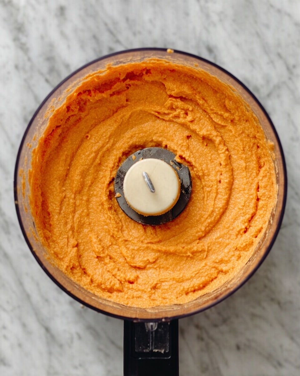 The image shows a clear food processor bowl filled with a smooth, thick orange mixture that looks creamy and well-blended. The bowl sits on a black base, and the food processor blade in the center is surrounded by the orange mixture evenly spread around it. The background is a white marbled texture. photo taken with an iphone --ar 4:5 --v 7