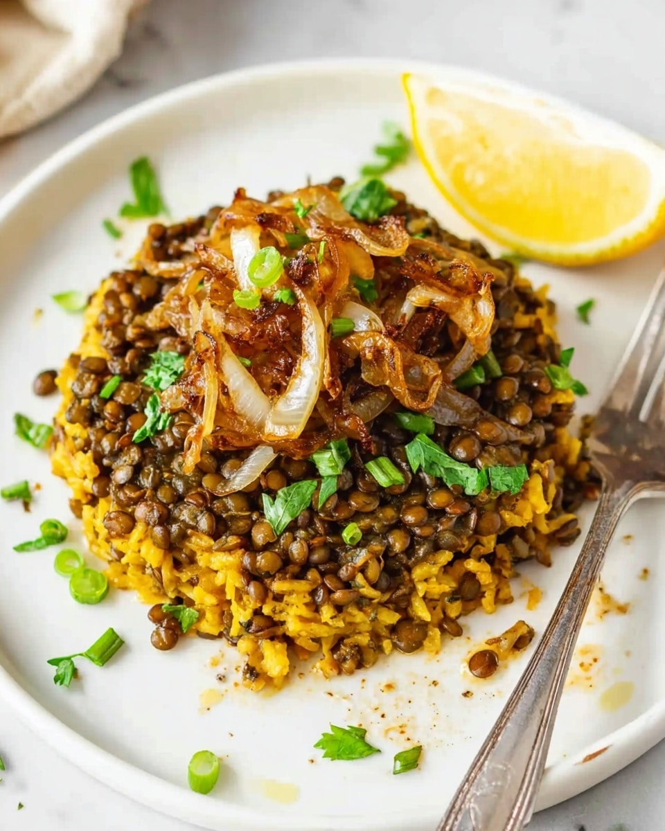 A large white bowl filled with golden-brown cooked rice mixed with green lentils, topped with two layers of toppings in the center: caramelized dark brown onions and fresh chopped light green spring onions. The dish is placed on a white marbled surface with a few whole onions and green onion stalks around it. A golden spoon is resting inside the bowl, partially buried in the rice. photo taken with an iphone --ar 4:5 --v 7