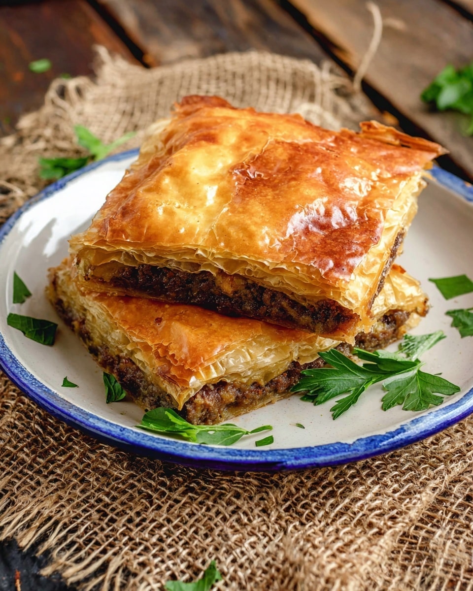 Two square pieces of layered meat pie sit stacked on a white plate with a blue rim. The top layer is golden brown, crisp, and flaky with some uneven, slightly browned spots. Below the shining crust, there is a dark brown, finely minced meat filling with a moist texture. Small green parsley leaves scatter around the pie on the plate, adding fresh color. The plate rests on a rustic wooden table with coarse beige net fabric underneath. photo taken with an iphone --ar 4:5 --v 7