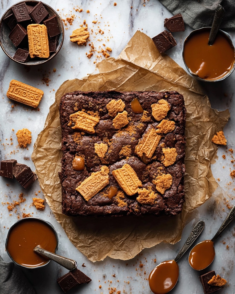 A close-up view of a stack of three thick brownies with swirls of creamy peanut butter visibly mixed into each layer. The bottom part of each brownie is a dark, rich chocolate layer with a dense and moist texture, while the middle and top parts have lighter brown peanut butter areas creating a marbled effect. Some peanut butter is slightly melted and oozing out from the edges, giving a gooey appearance. The brownies are placed on a black wire rack surrounded by scattered chunks of peanut butter cookies on a white marbled surface. Photo taken with an iphone --ar 4:5 --v 7