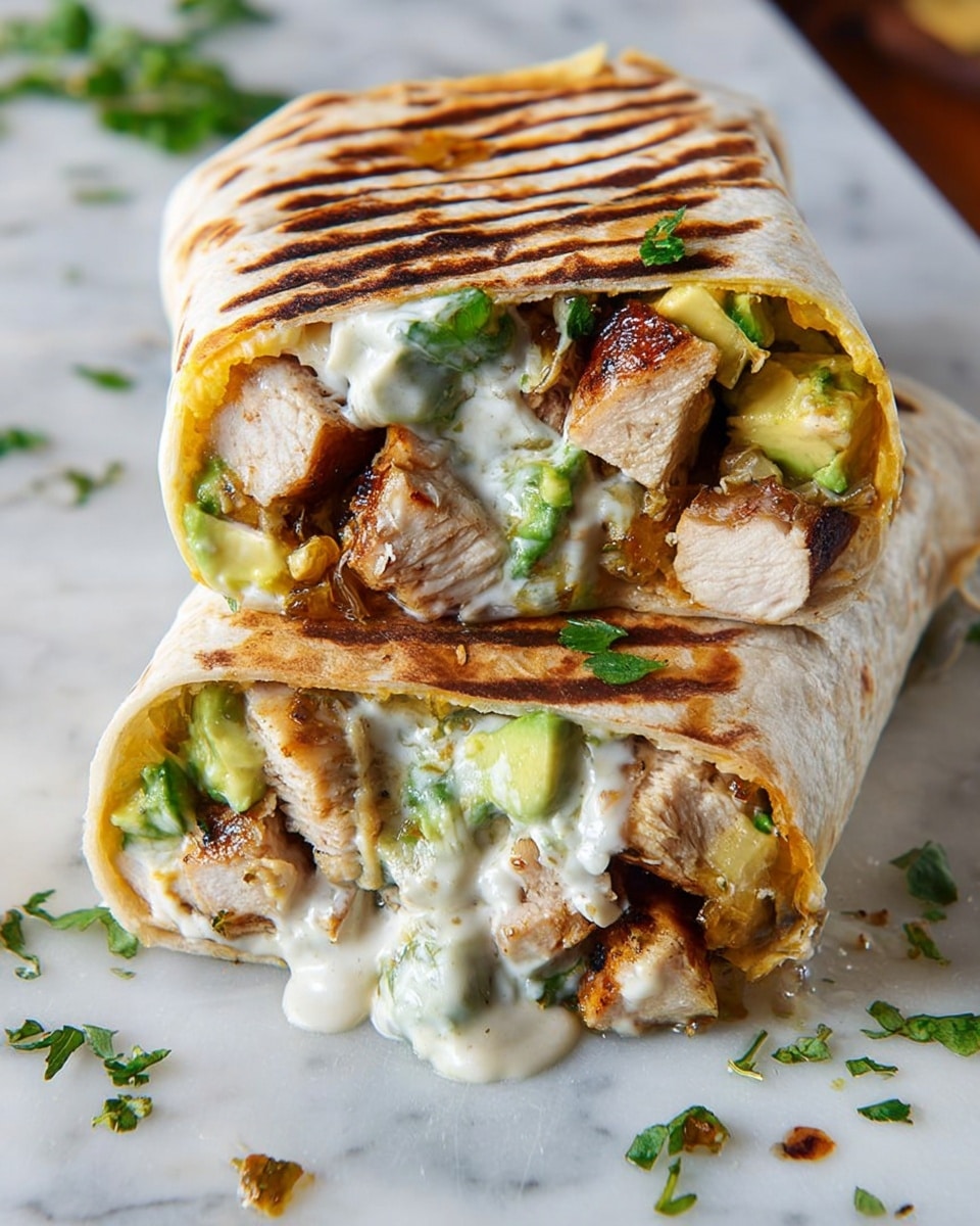 Two grilled chicken wraps are stacked on a white marbled surface, one cut in half showing thick pieces of grilled chicken with a light brown char, creamy white sauce, chunks of green avocado, and some melted yellow cheese inside a soft, slightly charred tortilla. The wraps have visible grill marks and some fresh green herbs scattered around them. Sauce and bits of filling spill out slightly, adding texture and color contrast. Photo taken with an iphone --ar 4:5 --v 7