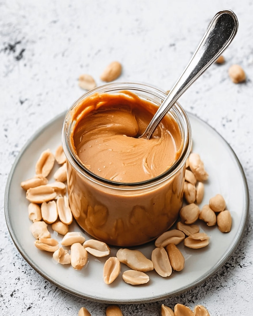 A small glass jar filled with smooth, creamy peanut butter, slightly overflowing with a thick drip running down the side. A silver spoon is inserted into the jar, coated with the peanut butter and standing upright. Around the jar, there are many light beige peanuts scattered on a white marbled surface. In the background, a white bowl is visible, filled with more peanuts. The whole scene has a soft, natural light giving it a clean and fresh look. photo taken with an iphone --ar 4:5 --v 7