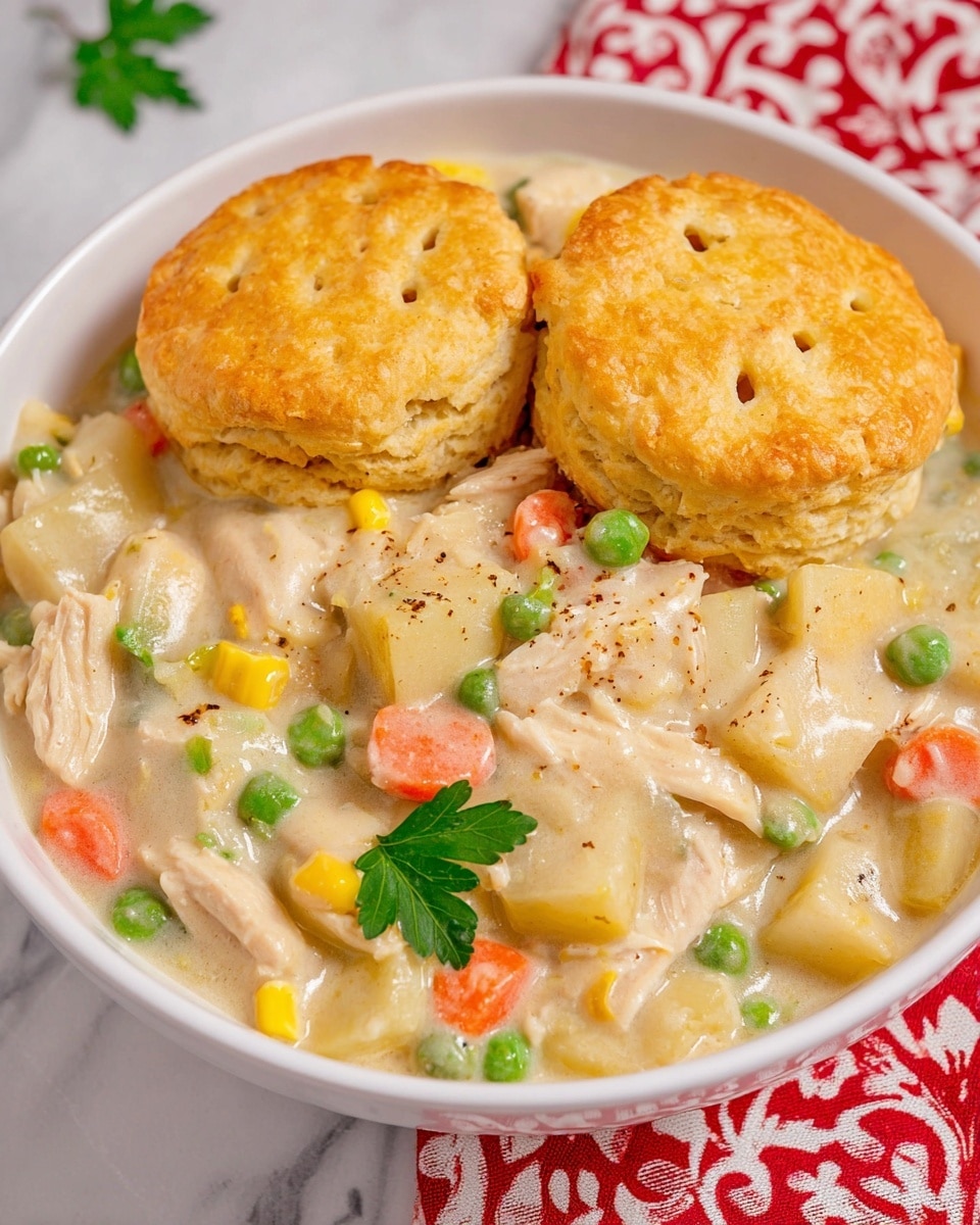 The image shows a black slow cooker filled with a thick, creamy chicken pot pie filling that has shredded chicken, orange carrot cubes, green peas, yellow corn, and beige potato chunks, all mixed in a pale creamy sauce and sprinkled with small green herb pieces. On top of the filling, there are two golden-brown, round biscuit tops with a soft, slightly uneven texture. To the top left, there is a white plate with three more golden-brown biscuits stacked, showing a soft interior against a fluffy exterior. The setting includes a white marbled surface with a red and white patterned cloth partially visible under the slow cooker, a wooden spoon handle at the bottom right, and a green leafy plant at the top right. photo taken with an iphone --ar 4:5 --v 7