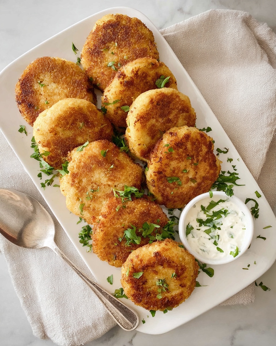 A stack of five golden-brown, crispy patties is centered on a white plate, each patty showing a slightly rough texture with small green bits mixed inside. The patties get a bit darker and more browned towards the edges. On top of the stack, there is a dollop of white sour cream with three sliced green onion rings laid on it for garnish. The background has a soft focus with a white marbled surface under the plate, creating a clean and simple setting. photo taken with an iphone --ar 4:5 --v 7