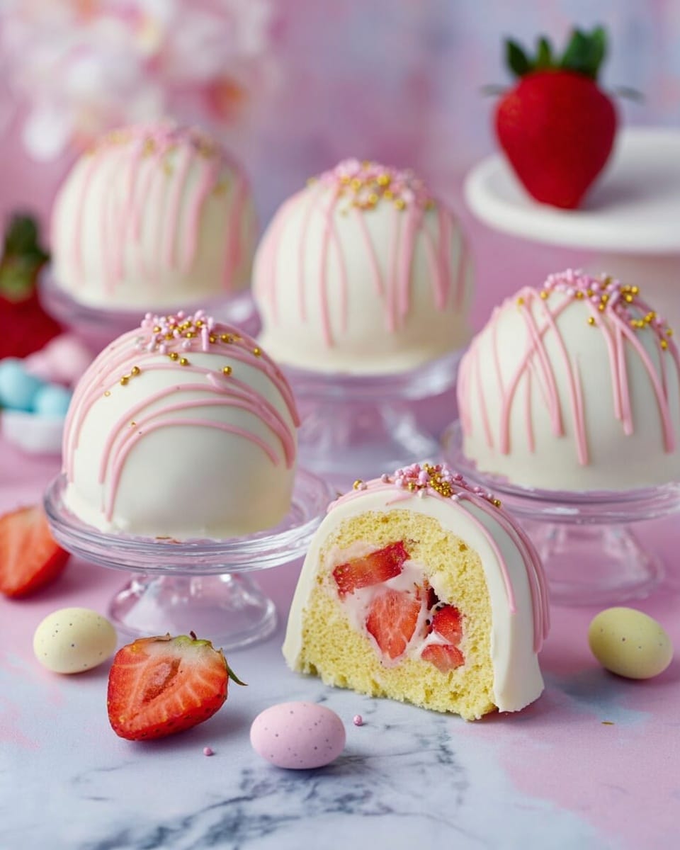 The image shows several round white treats with a smooth white chocolate coating, each placed on small clear glass stands. The top of each treat has light pink drizzle in wavy lines and small round sprinkles in pink and gold colors. One treat is cut open in the front, revealing a yellow sponge cake base filled with fresh red strawberry pieces and light pink cream. Around the treats, there are small pastel-colored candy eggs and a few strawberry halves on a white marbled surface. The background is softly blurred with light pink and blue colors and a strawberry on a white stand. photo taken with an iphone --ar 4:5 --v 7