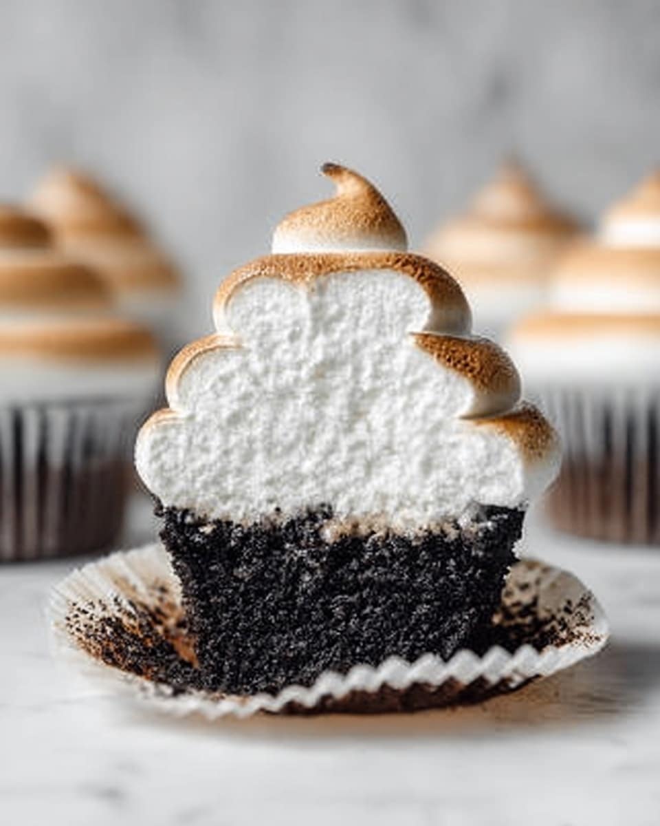 The image shows three dark chocolate cupcakes in black liners, each topped with three thick swirls of golden toasted marshmallow frosting that have a smooth, slightly bubbly texture with a burnt caramel color on the outside. The cupcakes sit on a round wooden board with a rough bark edge, placed against a white marbled surface background with subtle grid tile lines. The focus is on the closest cupcake, with the others softly blurred in the back, highlighting the rich contrast between the dark cupcake base and the shiny, toasted frosting swirls. photo taken with an iphone --ar 4:5 --v 7