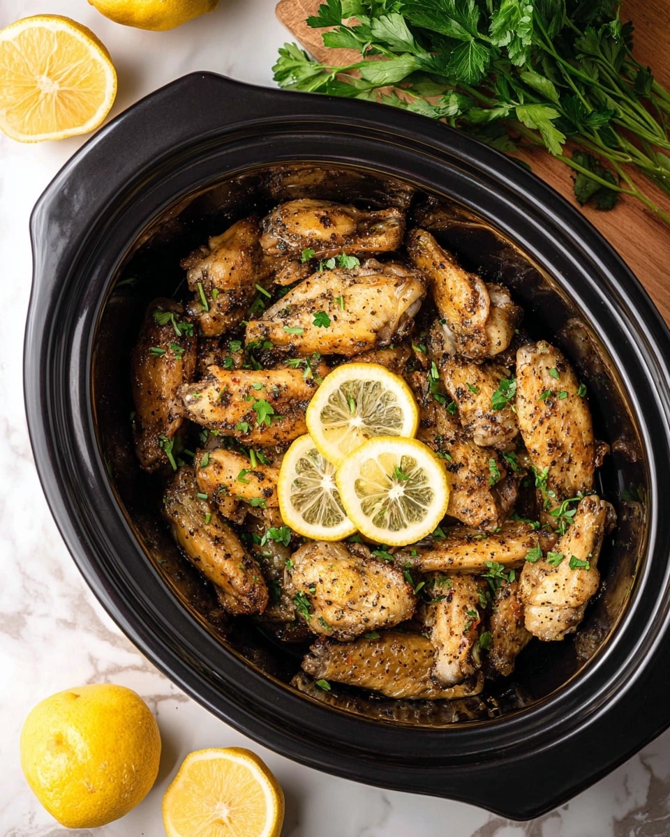A white plate filled with two layers of golden-brown, crispy chicken wings sprinkled with black pepper and chopped green herbs, arranged close together covering the plate. There are four thin lemon slices placed evenly on top of the wings, adding a bright yellow contrast. The plate sits on a white marbled surface, with two halved lemons and a whole lemon on the top left side, and fresh green parsley on a wooden cutting board in the top right corner. A small white bowl with white sauce is in the bottom right corner, and a blue and white checkered cloth peeks from the bottom left. photo taken with an iphone --ar 4:5 --v 7