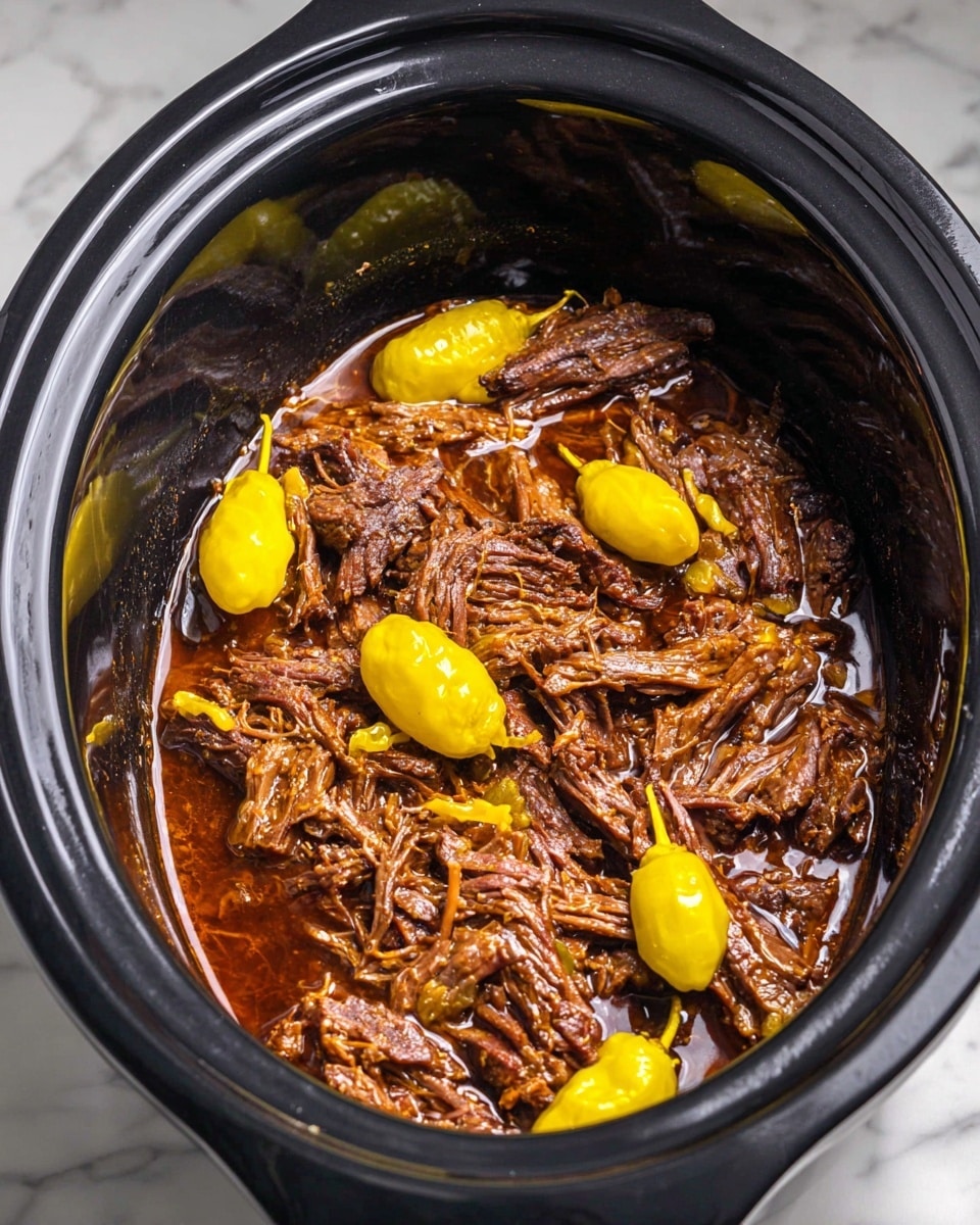 A white plate holds three stacked sliders with shiny golden-brown buns. Each slider has three layers: the top bun is smooth and slightly toasted with some herbs sprinkled on it, the middle layer is filled with shredded dark brown pulled meat mixed with small pieces of light green pickled peppers, and the bottom bun is soft and slightly textured with melted light yellow cheese oozing out between the layers. The plate is placed on a red and white checkered cloth with a white marbled surface background, and in the back, two green glasses and a white bowl with breadsticks are slightly out of focus. photo taken with an iphone --ar 4:5 --v 7