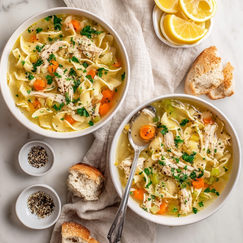 A white bowl filled with clear chicken soup sits on a white textured plate, placed on a white marbled surface. The soup has three main layers: the clear broth at the bottom with small bits of green herbs floating, the middle layer shows bright orange carrot slices, light green celery pieces, and shredded white chicken. The top layer is garnished with a yellow lemon slice and sprinkled fresh chopped green herbs. A silver spoon rests inside the bowl on the right side. Nearby on the surface are broken pieces of golden brown bread and a beige cloth napkin. Photo taken with an iphone --ar 4:5 --v 7