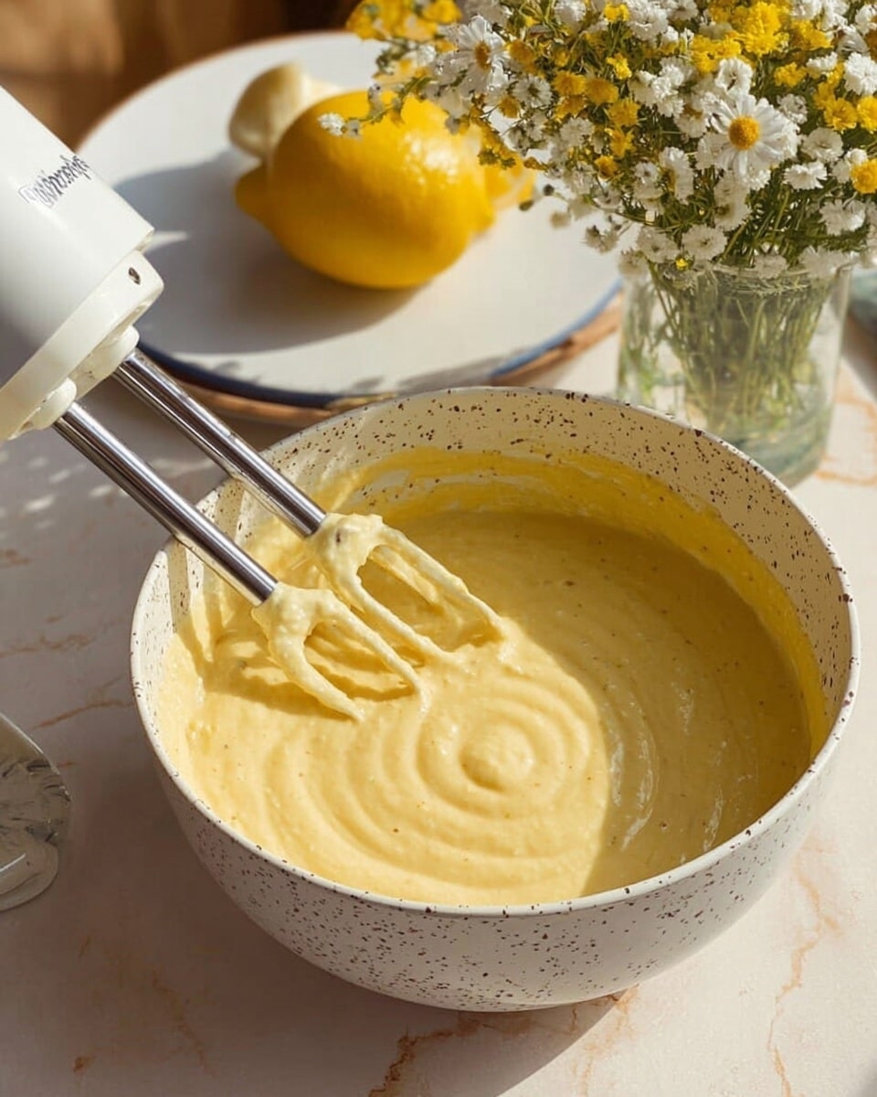 The image shows a close-up of several cupcakes arranged on a white marbled surface with a wooden chessboard pattern. Each cupcake has three layers: the bottom layer is a light golden-brown cake, the middle layer is a swirled white cream frosting forming a small well in the center, and the top layer is a bright yellow jelly or curd filling inside the well. One cupcake prominently in the center is topped with a small white daisy flower with a yellow center. In the background, a white bowl with a wooden rim holds a yellow lemon, adding a pop of color. The photo taken with an iphone --ar 4:5 --v 7