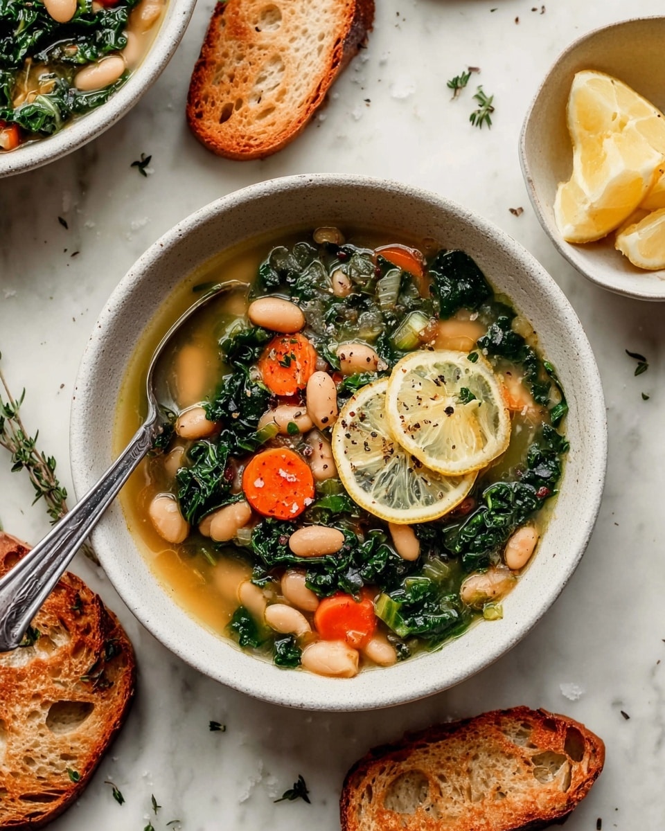 A white bowl holds a vegetable soup with four visible layers: the bottom layer is a light golden broth, above it are white beans scattered generously, then dark green leafy kale pieces mixed with thin, round carrot slices, and on top, two thin lemon slices with a sprinkle of fresh herbs and black pepper. A silver spoon rests inside the bowl on the left side. Around the bowl are toasted brown bread slices with a rough texture, and a small white bowl nearby contains lemon wedges. The setting is on a white marbled surface with a few scattered thyme sprigs and coarse salt, photo taken with an iphone --ar 4:5 --v 7
