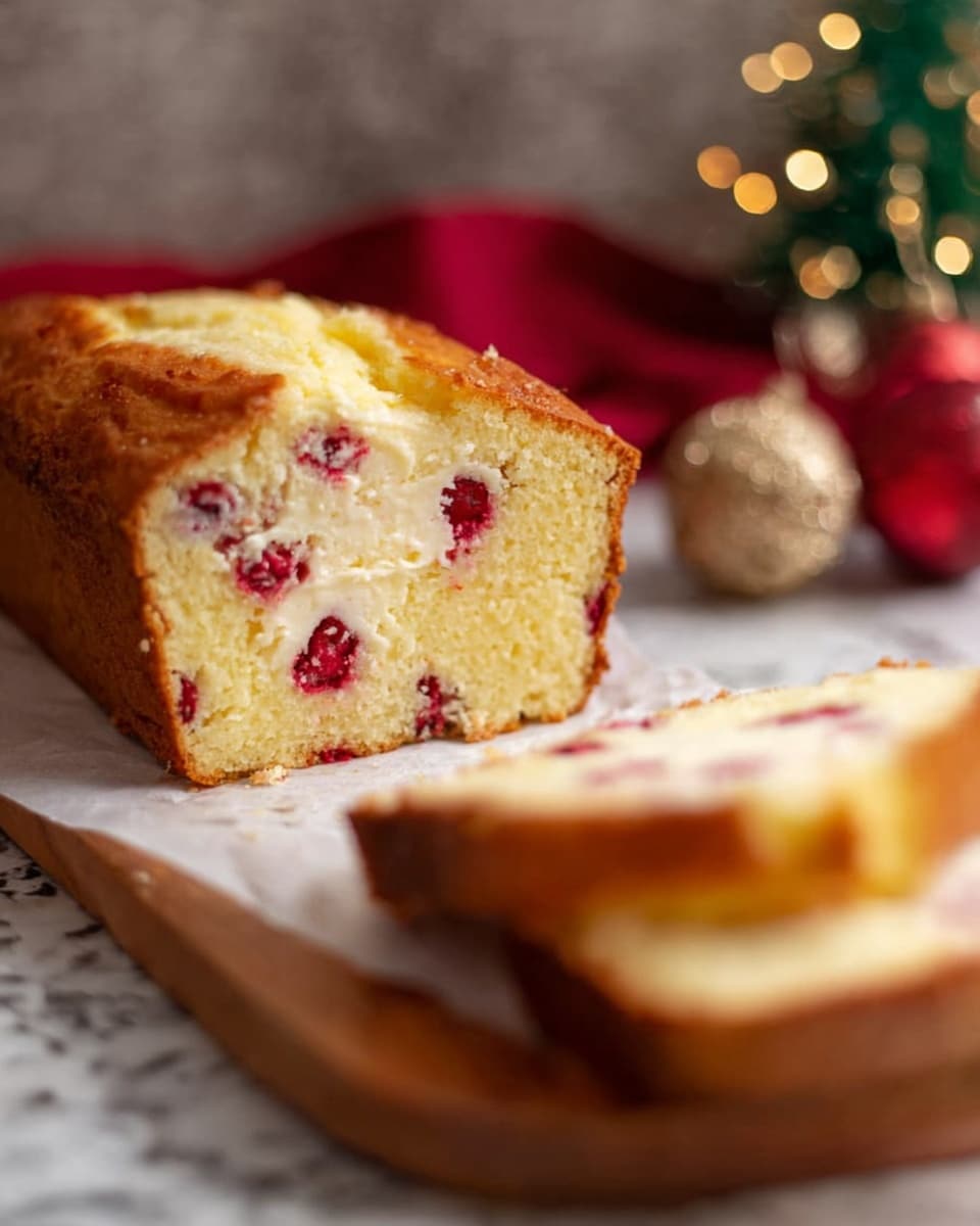 A close-up of a two-layer cake loaf sliced to show the inside, with a golden brown top and light yellow, soft textured cake inside. The cake contains scattered red berries within the batter, and there is a visible creamy white layer in the middle that separates the two cake layers. The slice lies in front of the larger cake, placed on white parchment paper on a wooden board, with blurred decorative Christmas elements around. The whole scene is set on a white marbled surface. Photo taken with an iphone --ar 4:5 --v 7