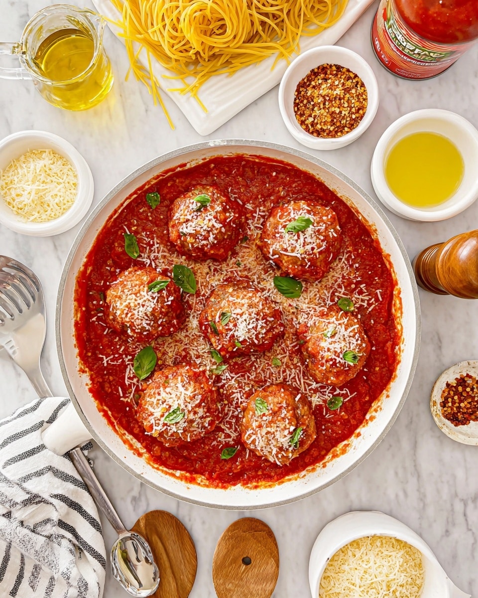 A white plate holds a bed of long, yellow-spaghetti noodles at the bottom, smooth and slightly glossy. On top are several large, round meatballs covered in bright red tomato sauce, which looks chunky and rich. The meatball in the center is cut open, showing a light, textured inside with herbs sprinkled throughout. The meatballs are topped with thin, scattered strips of white shredded cheese and a few small green basil leaves. At the back of the plate, there is a piece of golden garlic bread resting on the noodles. The plate is set on a white marbled surface with a striped white and gray cloth nearby. photo taken with an iphone --ar 4:5 --v 7