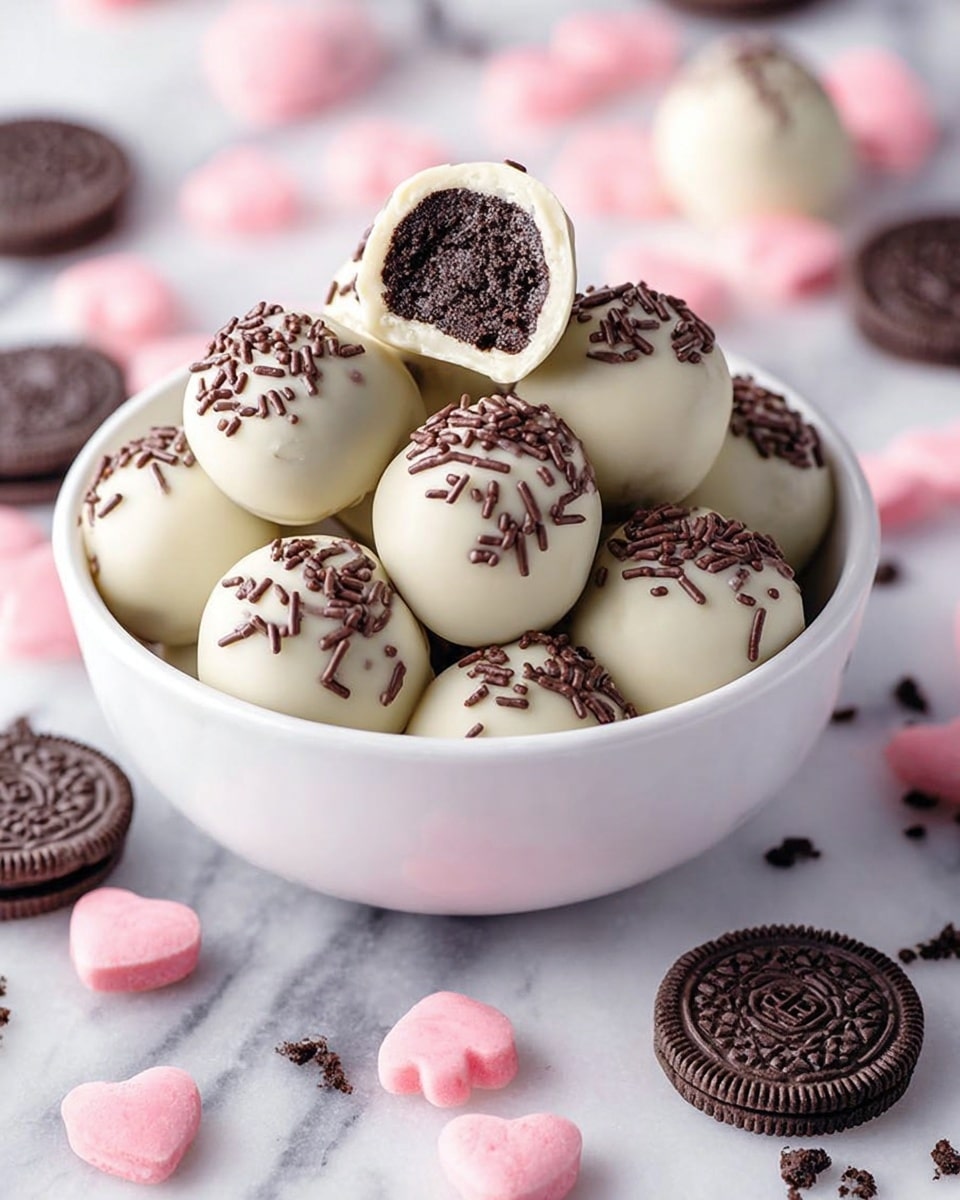 A white bowl filled with smooth, round cake balls covered in creamy white chocolate and topped with small, dark brown chocolate sprinkles. One cake ball at the top is cut in half, showing a dark, moist, crumbly chocolate inside. Around the bowl, there are whole and broken chocolate sandwich cookies with white filling visible. Pink heart-shaped candies are scattered on a white marbled surface under the bowl. Photo taken with an iphone --ar 4:5 --v 7