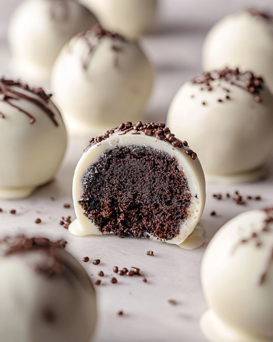 A close-up of round cake balls with a smooth, white outer coating that looks creamy and slightly cracked. One cake ball in the front is cut open, showing a dark, moist chocolate cake center with a rough, crumbly texture surrounded by a thin white coating. Tiny dark brown sprinkles are scattered on top of the white coating and on the white marbled surface around the cake balls. More whole cake balls are softly blurred in the background. Photo taken with an iphone --ar 4:5 --v 7