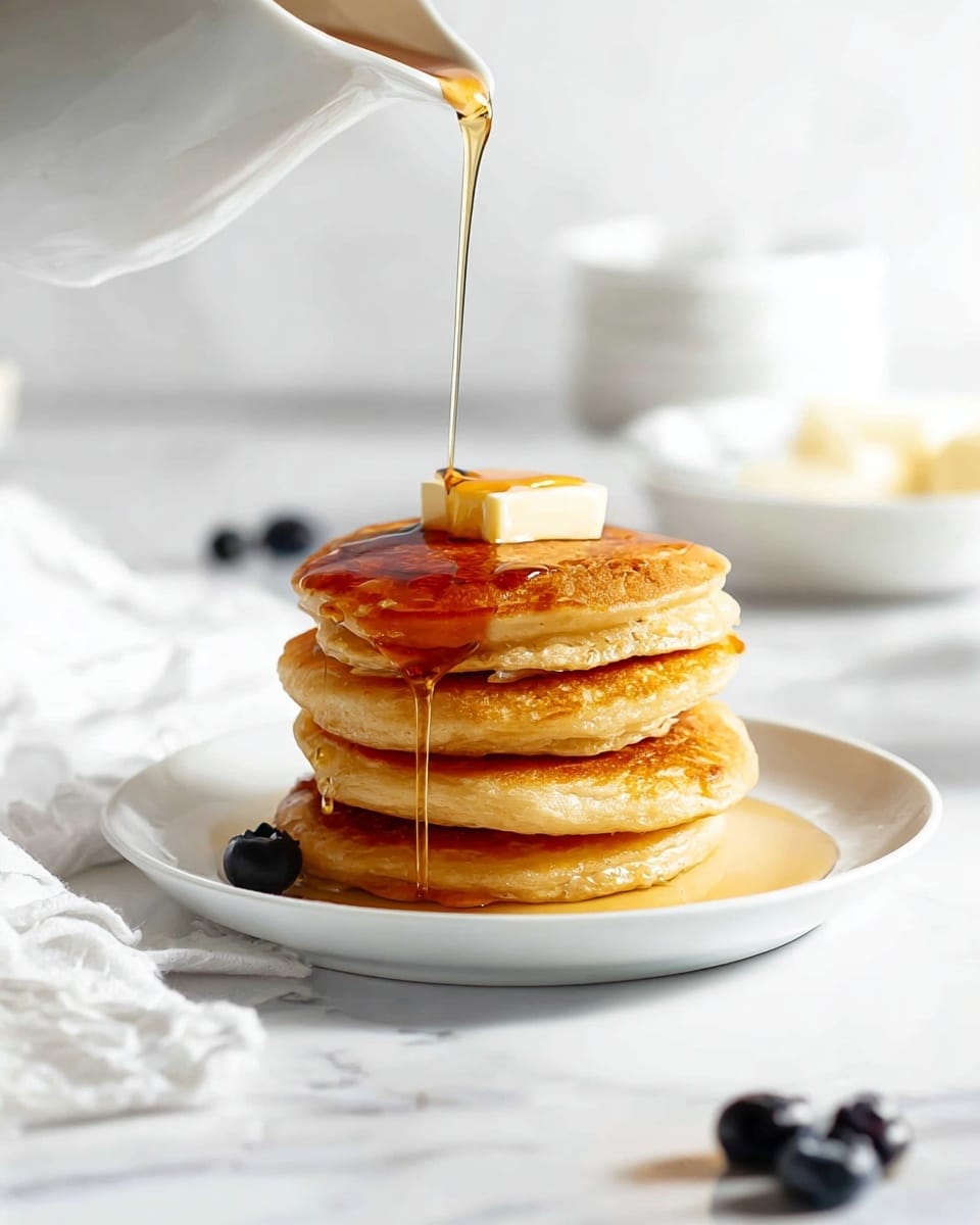 Two stacks of golden brown pancakes are placed on white plates over a white marbled surface. The stack in the foreground has four pancakes topped with a square of melting butter, pierced by a small wooden skewer, and is surrounded by a small pool of maple syrup that glistens softly. The stack in the background has five pancakes topped with a handful of fresh blueberries and a light dusting of powdered sugar, also pierced by a similar wooden skewer with syrup pooling beneath. Scattered blueberries and a white cloth with a black grid pattern are casually placed in the scene, creating a simple and inviting breakfast setting. Photo taken with an iphone --ar 4:5 --v 7