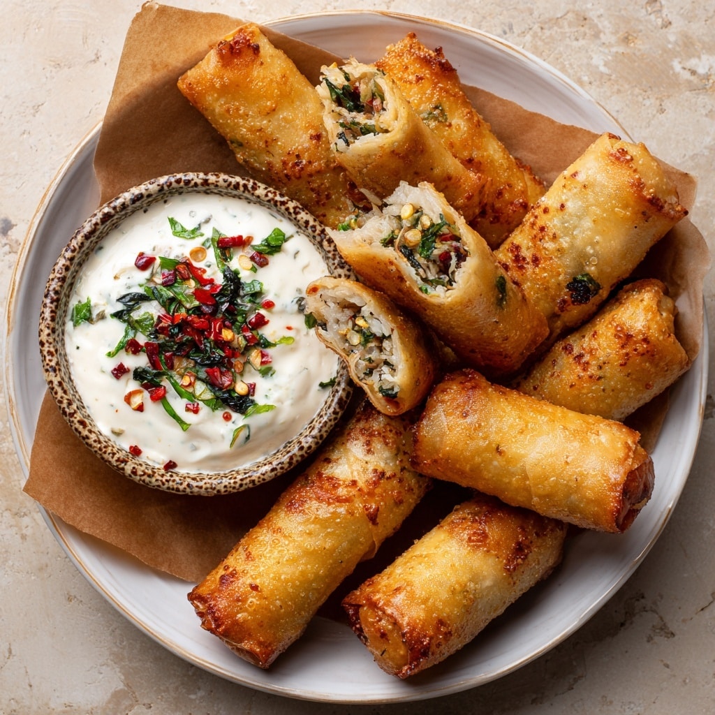 Nine golden brown, crispy rolls with a shiny, bubbled texture are placed on brown parchment paper inside a white plate. Two of the rolls are broken open, showing a soft white filling with green herbs inside. In the center of the plate is a small textured bowl filled with creamy white dip, topped with small red chili flakes and dark green herbs. The white marbled surface is faintly visible around the plate edges. photo taken with an iphone --ar 4:5 --v 7
