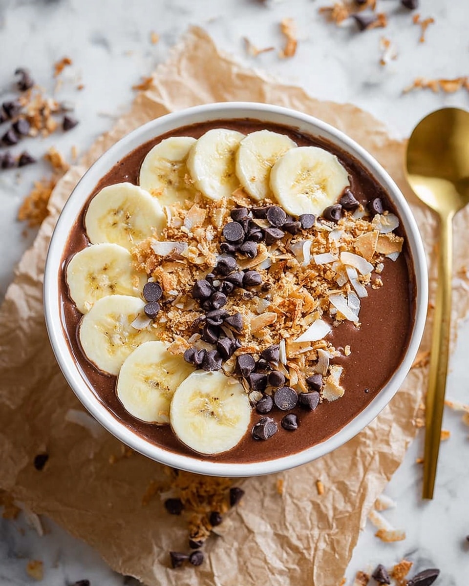 A white bowl filled with a smooth, dark brown chocolate smoothie or pudding base. On top of this base, there is a single layer of evenly sliced banana pieces arranged in a circular pattern near the bowl's edge. The middle of the bowl is topped with a layer of golden brown crunchy coconut flakes mixed with dark chocolate chips, scattered lightly across the banana layer and overlapping into the center. The bowl sits on crumpled light brown parchment paper that is on a white marbled surface, with some chocolate chips and coconut flakes scattered around. Nearby, a golden spoon rests on the right side of the bowl. Photo taken with an iphone --ar 4:5 --v 7