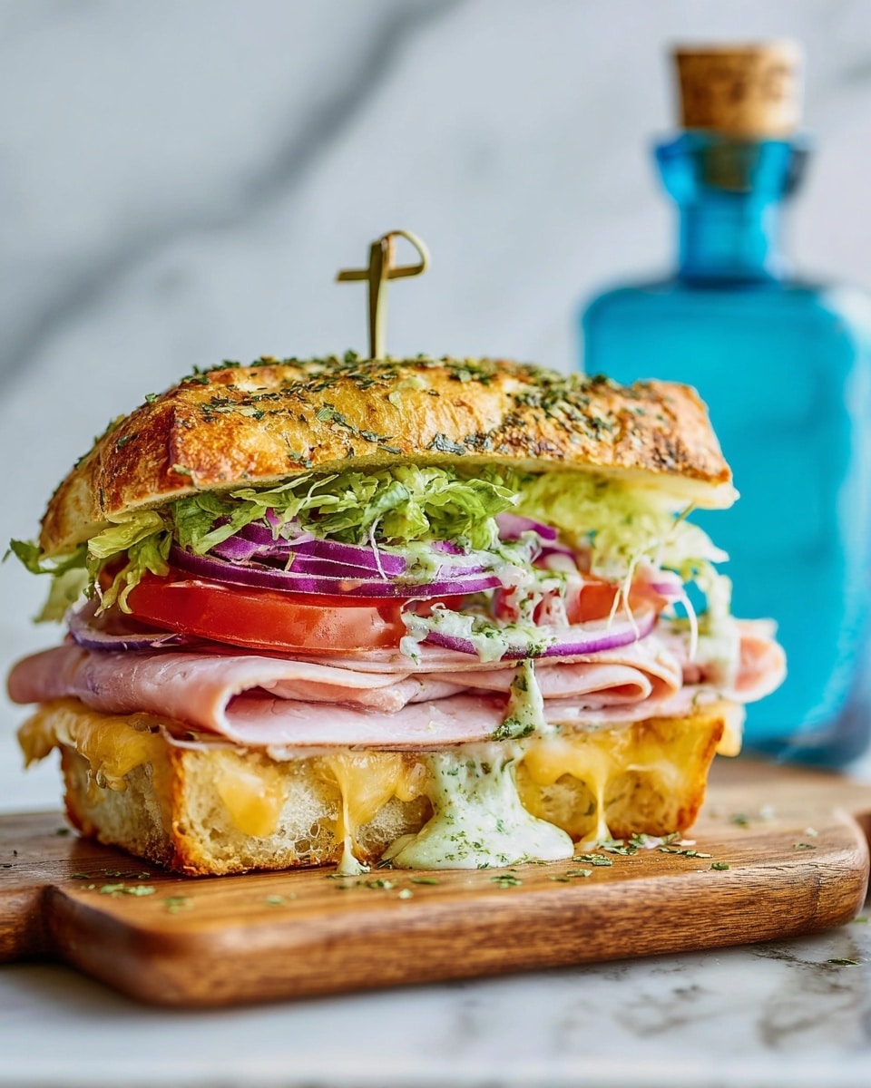 The image shows a sandwich with three main layers. The bottom layer is a toasted white bun with melted yellow cheese oozing over the edges. On top of that, there are folded slices of light pink ham. The next layer is fresh vegetables including red tomato slices, bright green lettuce mixed with chopped herbs, and thin rings of purple onion coated in a creamy greenish dressing. The sandwich is topped with a golden-brown, herb-speckled bun that looks crunchy. The sandwich is held together with two toothpicks and placed on a wooden board with a blurred blue glass bottle with a cork in the background, all set on a white marbled surface. photo taken with an iphone --ar 4:5 --v 7