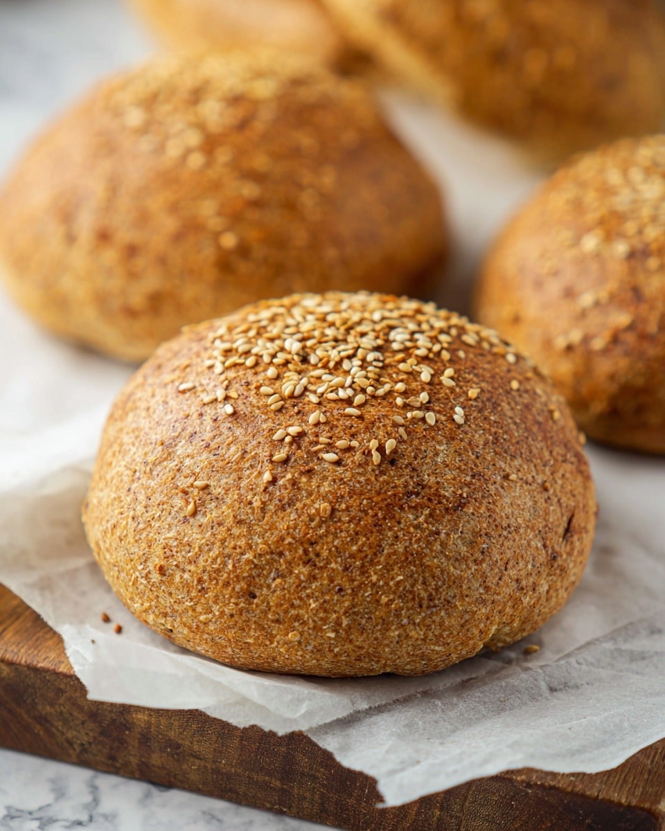 A close-up of a round bread bun sliced in half, revealing a soft, porous inside with a light brown color and tiny darker specks throughout. The bun's outer crust is a slightly darker golden brown, showing a thin, crisp texture. Two woman's hands hold the two halves gently apart, with a blurred white bowl of almonds and a light wooden utensil in the background on a white marbled surface. Photo taken with an iphone --ar 4:5 --v 7