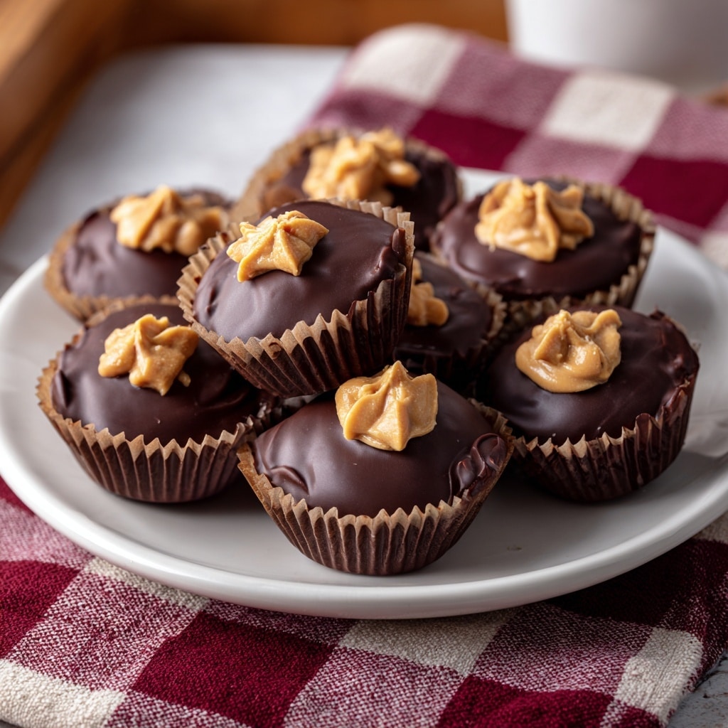 The image shows a close-up of a chocolate peanut butter ball cut in half, sitting on a light brown paper cup on a white, ornate plate with floral cutouts. The peanut butter ball has a dark chocolate outer layer that is smooth and shiny, and the inside is creamy light brown with a slightly crumbly texture. Behind the plate, there is a white plate holding more whole peanut butter balls, each topped with a small swirl of light brown peanut butter on top, all wrapped in light brown paper cups. The items are placed on a red and cream checkered cloth over a white marbled surface. photo taken with an iphone --ar 4:5 --v 7