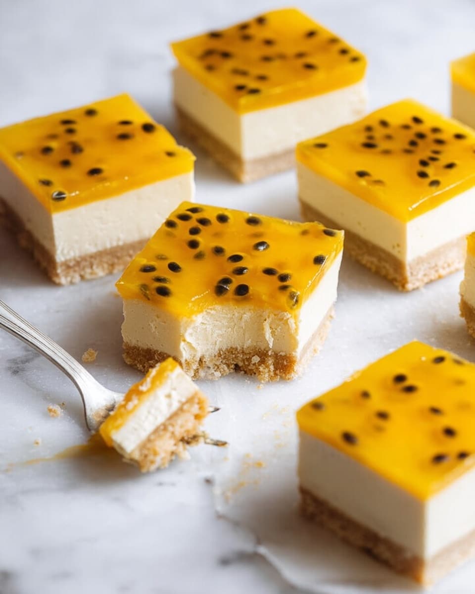 The image shows several square dessert bars placed on a white marbled surface. Each bar has three layers: the bottom layer is a thick, light golden-brown crust with a crumbly texture; the middle layer is creamy and smooth, off-white in color; the top layer is a bright yellow jelly with black seeds evenly spread inside, giving a glossy appearance. The bars are neatly cut with sharp edges and arranged with some facing forward and others sideways, showing the layers clearly. Photo taken with an iphone --ar 4:5 --v 7