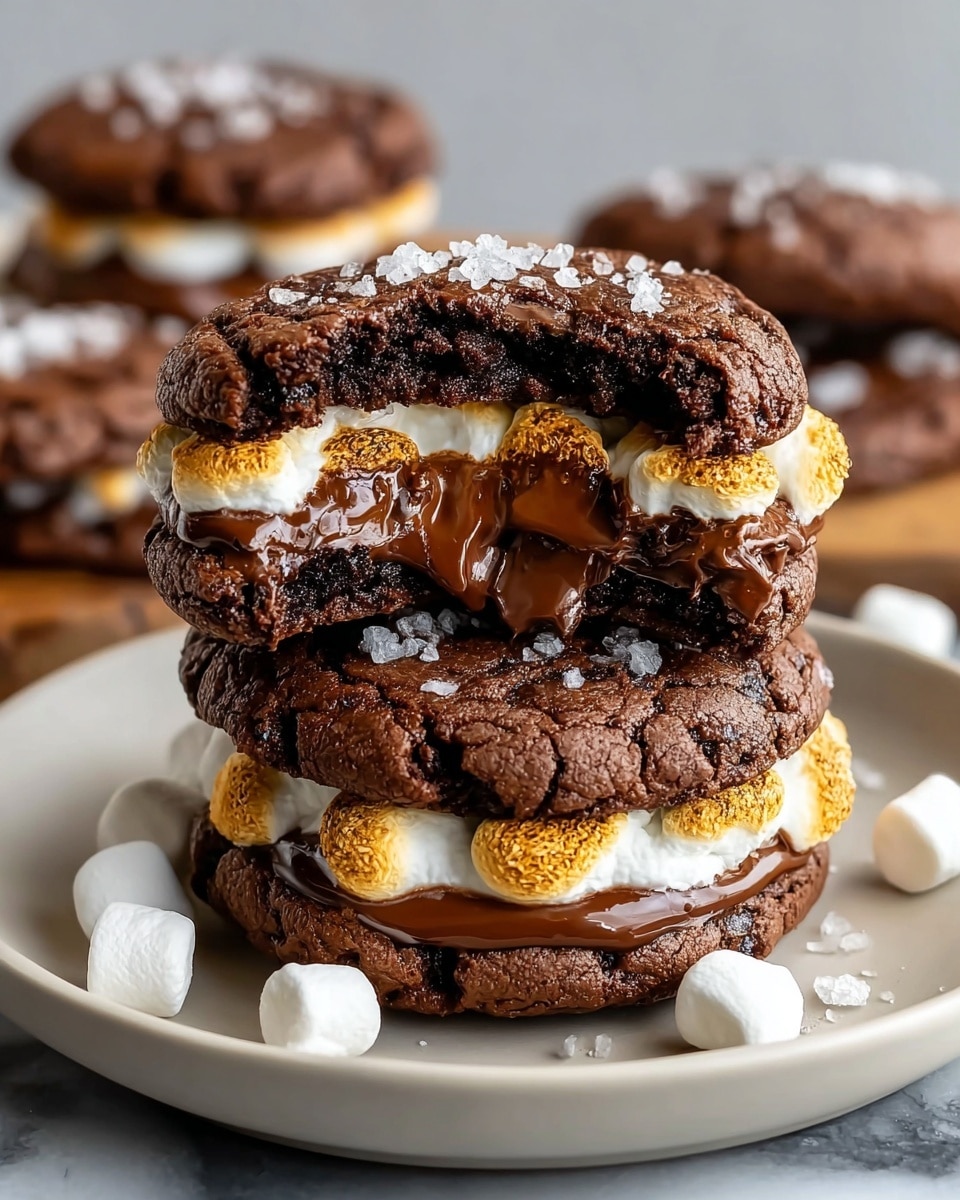 The image shows two stacked s'mores cookie sandwiches on a white plate with some small marshmallows scattered around. Each sandwich has three main layers: the top and bottom layers are dark brown, soft chocolate cookies with a slightly cracked surface and sprinkled with coarse sea salt. The middle layer consists of melted milk chocolate spread and white toasted marshmallows that have a slightly golden-brown toasted exterior. The top cookie on the upper sandwich is broken in half, revealing the gooey inner filling of melted chocolate and soft marshmallow. The background includes more cookies out of focus on a white marbled surface. photo taken with an iphone --ar 4:5 --v 7