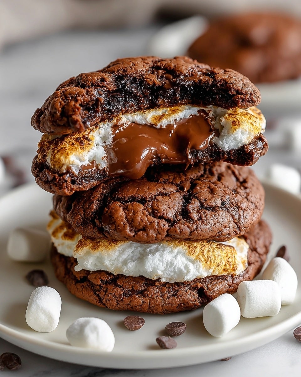 The image shows two chocolate cookies stacked on a white plate with small marshmallows and chocolate chips scattered around. Each cookie has a cracked dark brown surface, giving a soft, chewy look. Between the cookies, there is a layer of white toasted marshmallow that is slightly golden and puffy. The top cookie is broken in half to reveal a thick, rich, melted milk chocolate layer alongside the soft toasted marshmallow inside. The scene is set on a white marbled texture, highlighting the dessert's warm and gooey texture. Photo taken with an iphone --ar 4:5 --v 7