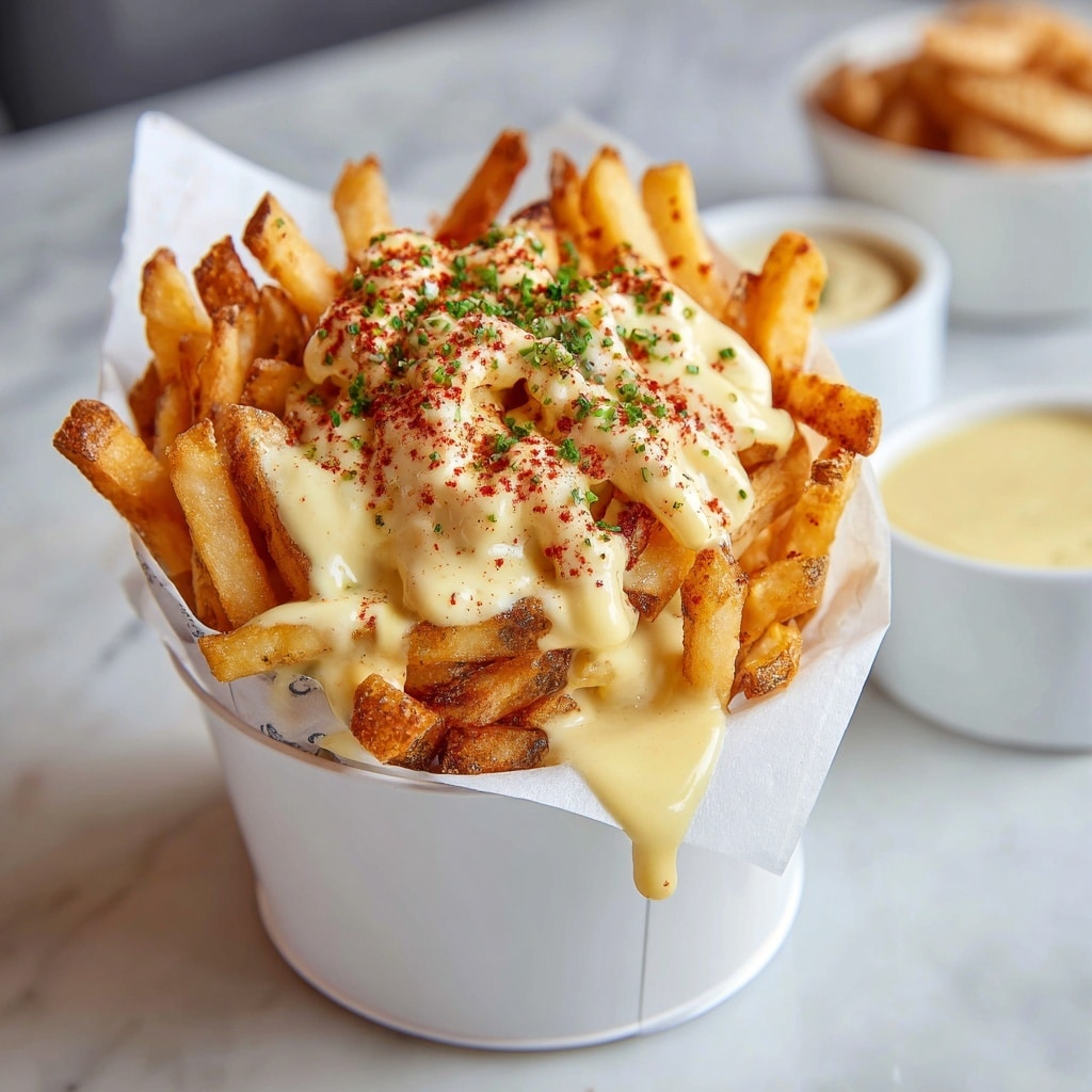 A white container lined with white paper holds a pile of golden brown French fries with crispy edges. These fries are generously covered in a smooth, creamy, light yellow cheese sauce that drips slightly around the sides. On top, there is a scattering of red paprika powder and small chopped green herbs, adding color contrast. The container sits on a white marbled surface, and in the blurred background, two small white dipping bowls, one with a yellowish sauce and the other with a light brown snack, are visible. photo taken with an iphone --ar 4:5 --v 7