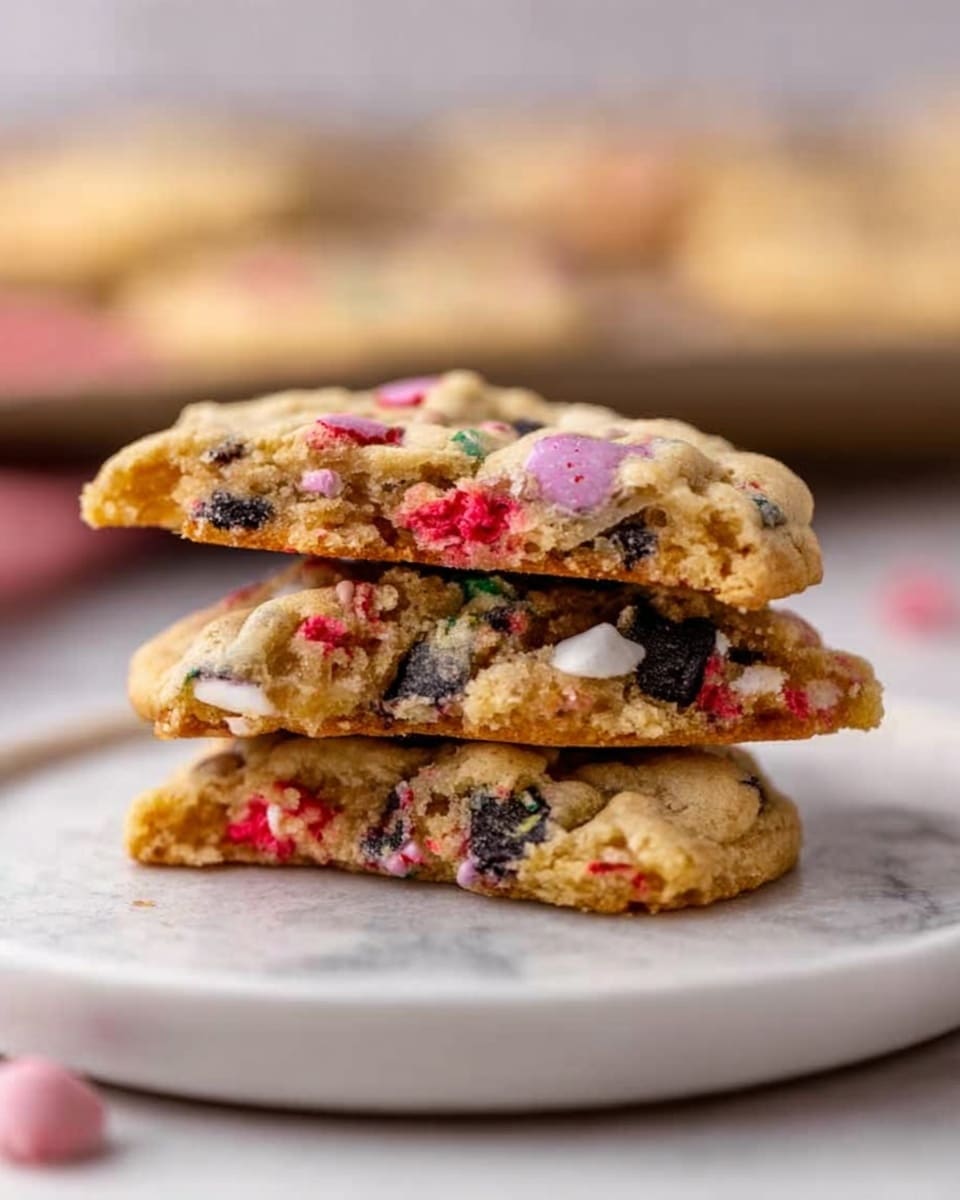A close-up of a large cookie with a golden-brown color and a soft texture. The cookie is topped with broken pieces of black and white sandwich cookies, along with pink, red, and white candy-coated chocolates scattered evenly across the surface. It sits on a white plate placed on a wooden board, which is set on a white marbled texture background. There are other similar cookies partially visible around it, and a woman’s hand is slightly touching the edge of one cookie. photo taken with an iphone --ar 4:5 --v 7