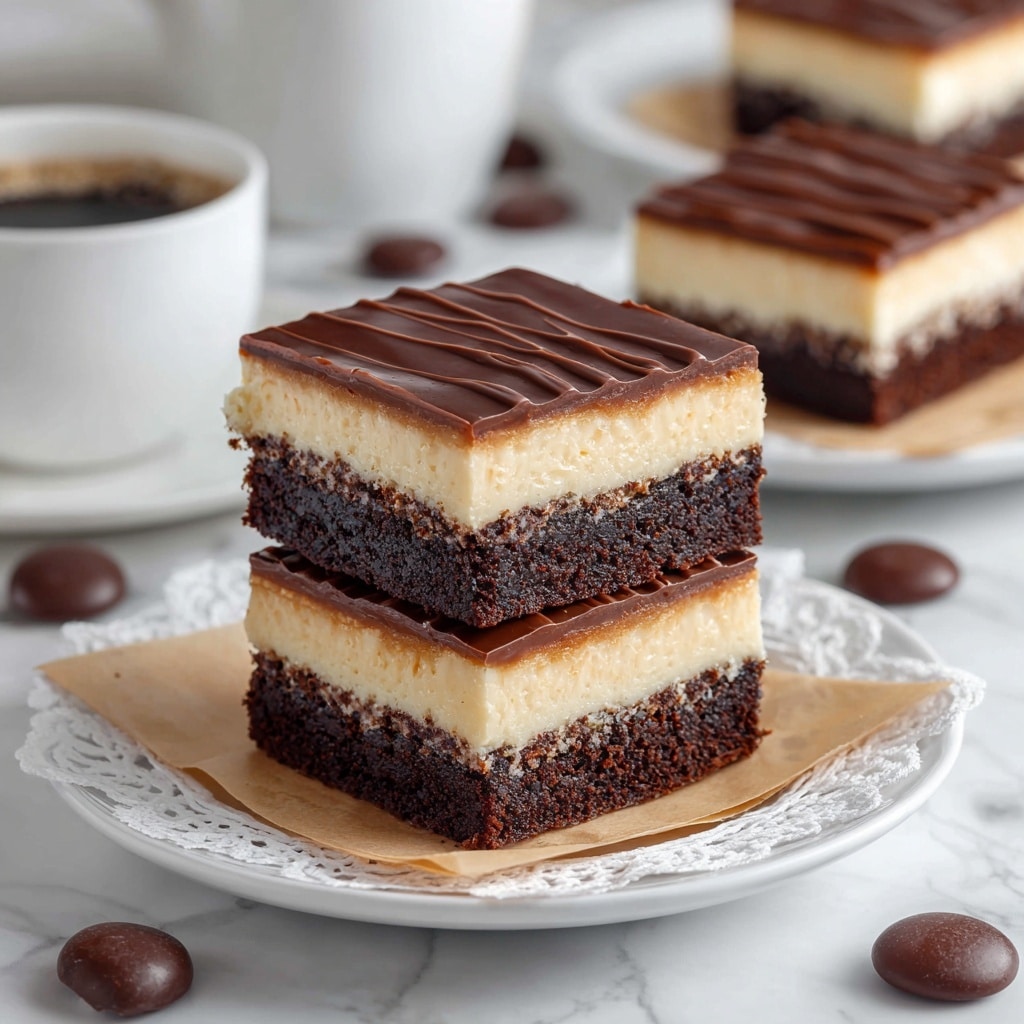 A square baking dish lined with crinkled aluminum foil holds a thick, rich, dark brown layer of chocolate batter spread evenly with visible texture swirls. Next to it is a large clear glass bowl with chocolate batter streaks inside, where a black spatula lies. Scattered coffee beans and a small clear bowl of cinnamon powder rest on a white marbled surface, along with a stick of butter in its paper wrapper and a white bowl filled with powdered sugar. The overall scene is bright and clear with a clean, simple kitchen vibe. photo taken with an iphone --ar 4:5 --v 7