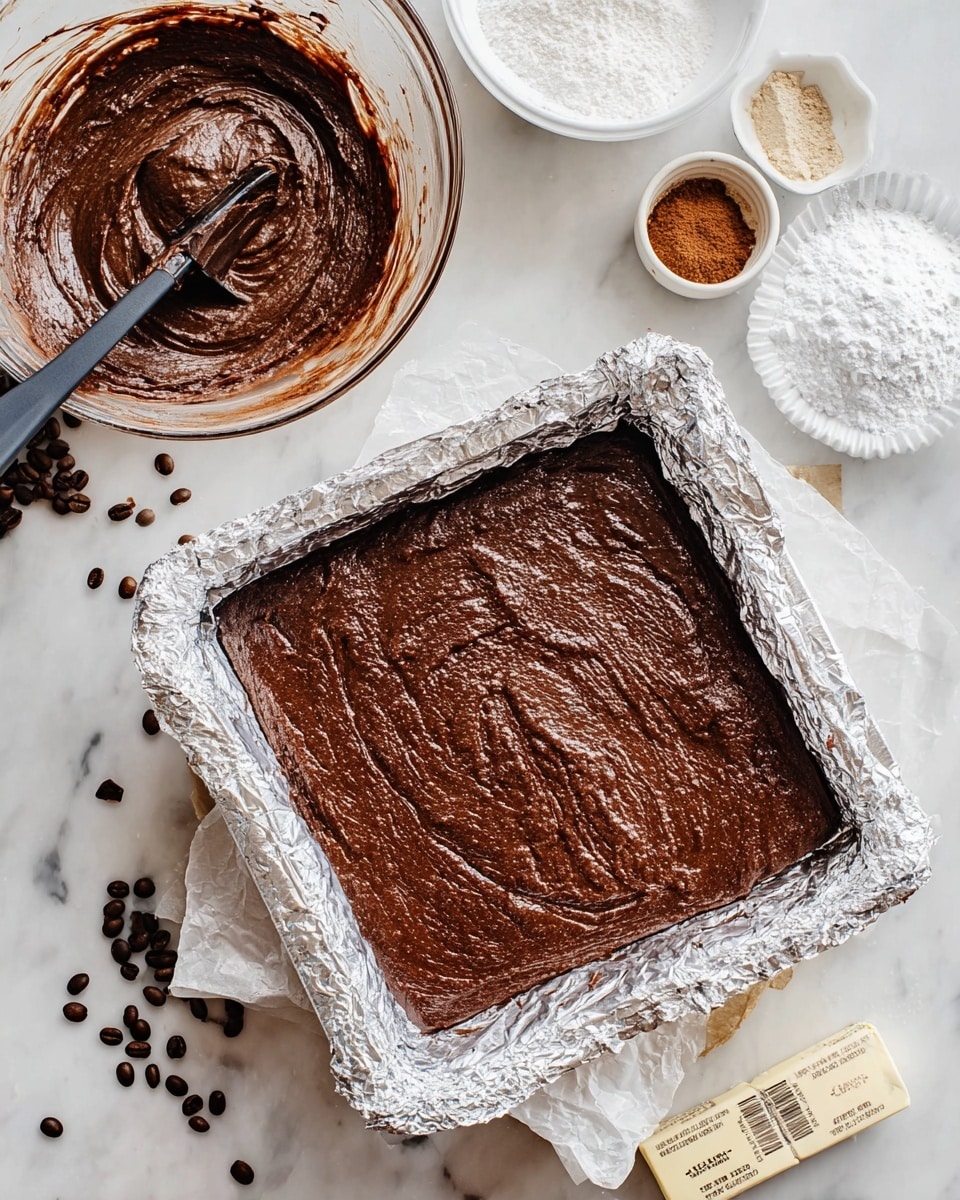 The image shows three square dessert bars stacked on a white plate with a doily and parchment paper underneath. Each bar has three clear layers: a dark, moist brown bottom layer resembling a thick brownie, a creamy light tan middle layer, and a smooth, shiny dark chocolate top layer with gentle ridges. The background has scattered chocolate-covered round pieces, a white cup, and another plate with more of the same bars, all set on a white marbled surface. photo taken with an iphone --ar 4:5 --v 7