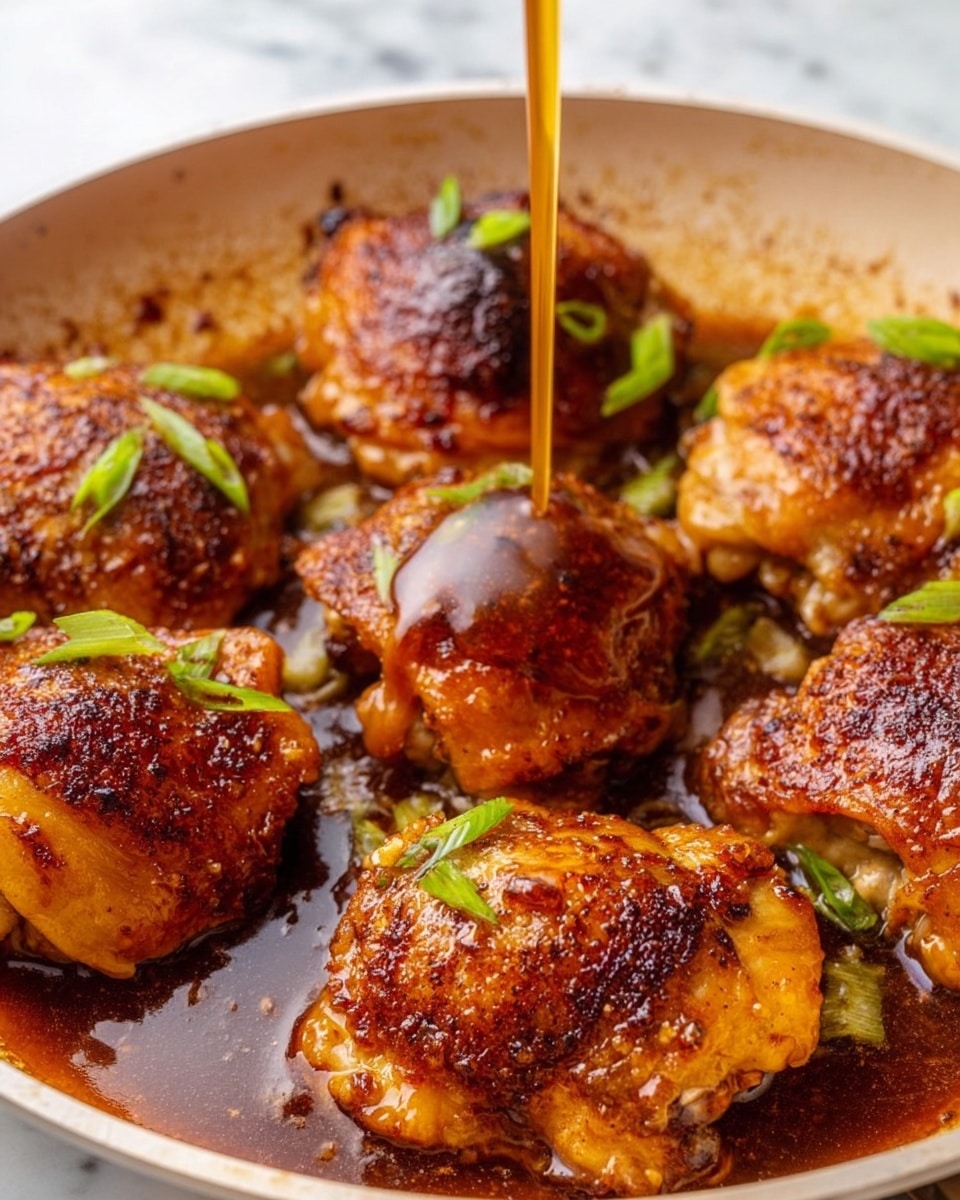 The image shows six golden-brown, crispy chicken thighs in a white pan filled with a glossy, rich brown sauce. The chicken pieces are arranged closely, each topped with small pieces of bright green scallion. A thick stream of the sauce is being poured over the central chicken thigh, creating a shiny, wet surface on the crispy skin. The chicken skin looks crunchy with a mix of dark and light caramelized colors, and the sauce pools slightly around the edges, giving a juicy, flavorful look. The background is a white marbled texture. photo taken with an iphone --ar 4:5 --v 7