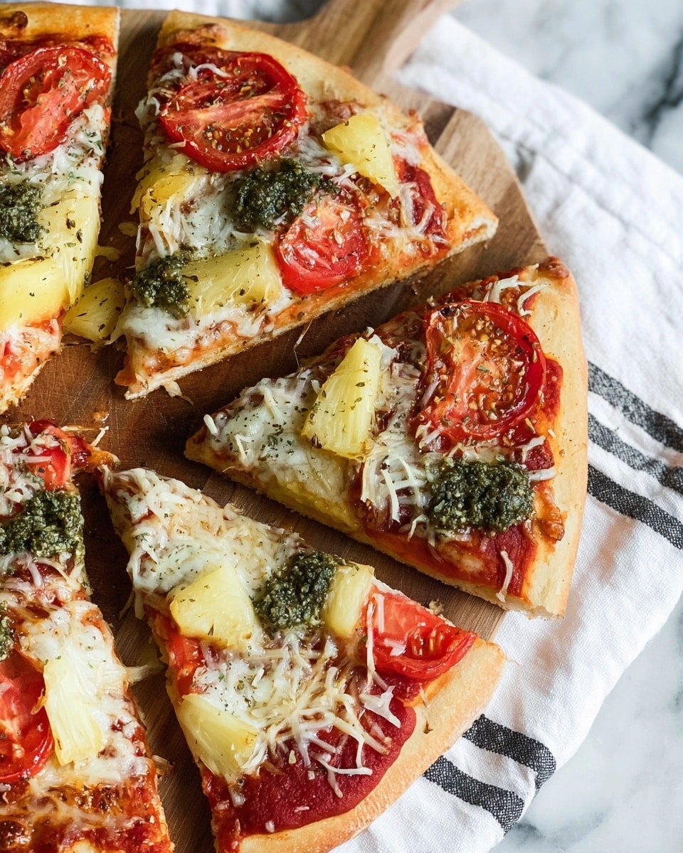 A close-up view of a freshly baked pizza on a round gray baking pan, placed on a white marbled surface. The pizza has a thick, golden-brown crust forming the outer layer. The first layer is a bright red tomato sauce spread evenly over the base. On top of the sauce, there is a melted layer of white mozzarella cheese with a slightly stringy texture. Scattered on this are chunks of yellow pineapple and slices of fresh red tomato. Small dollops of green pesto sauce are spread across the pizza in clusters. There is a light sprinkle of dried herbs over the entire pizza adding texture and color contrast. photo taken with an iphone --ar 4:5 --v 7