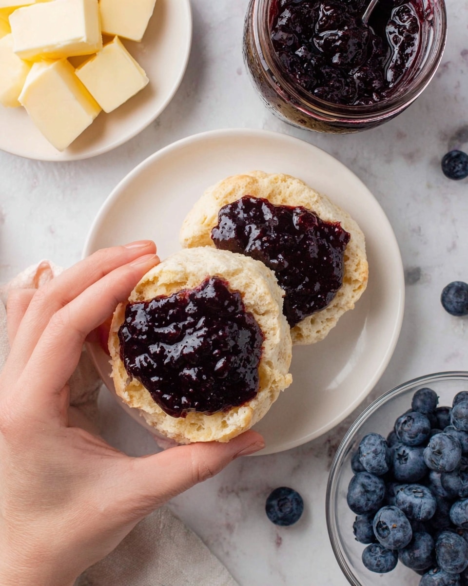 The image shows a clear glass jar filled with dark purple blueberry jam with a thick, chunky texture. The jar is in the center on a white marbled surface, with scattered fresh blueberries around it. Behind the jar, there is a white plate holding a few round biscuit halves topped with the same dark blueberry jam, showing a soft, light beige color of the biscuits under the jam. To the right, a small clear bowl filled with fresh blueberries adds a touch of bright blue. A gold spoon with more blueberry jam rests in front of the jar. The photo taken with an iphone --ar 4:5 --v 7