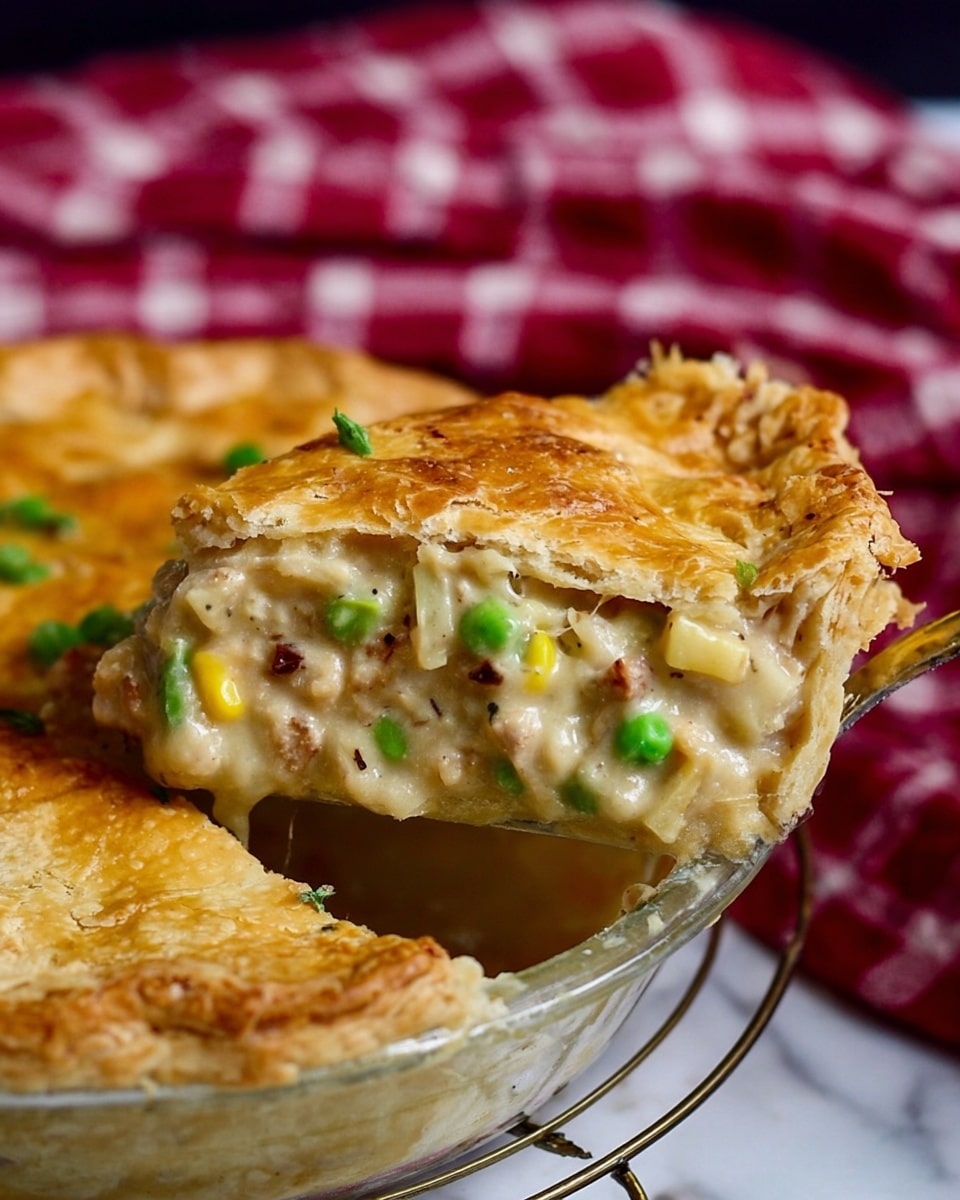 The image shows a close-up view of a slice of pot pie being lifted from a glass pie dish. The pie has a golden-brown, flaky crust that peels back to reveal a creamy filling made of green peas, corn, and small bits of meat mixed in a smooth, beige sauce. The crust looks crisp and slightly puffy around the edges. In the background, there is a red and white checkered cloth, and the pie dish rests on a round wire rack over a white marbled texture. photo taken with an iphone --ar 4:5 --v 7