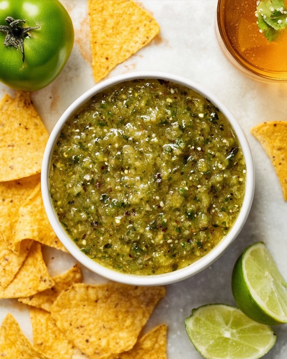 A white bowl filled with chunky green salsa made of small pieces of herbs and seeds with a shiny texture, sitting on a white marbled surface. A woman's hand is dipping a yellow tortilla chip into the salsa, lifting a scoop with some salsa clinging to the chip. Around the bowl, there are several yellow tortilla chips spread out and two lime wedges with bright green skin and pale green flesh placed nearby. In the background, there is a glass of light yellow drink and a slice of green tomatillo slightly blurred. photo taken with an iphone --ar 4:5 --v 7