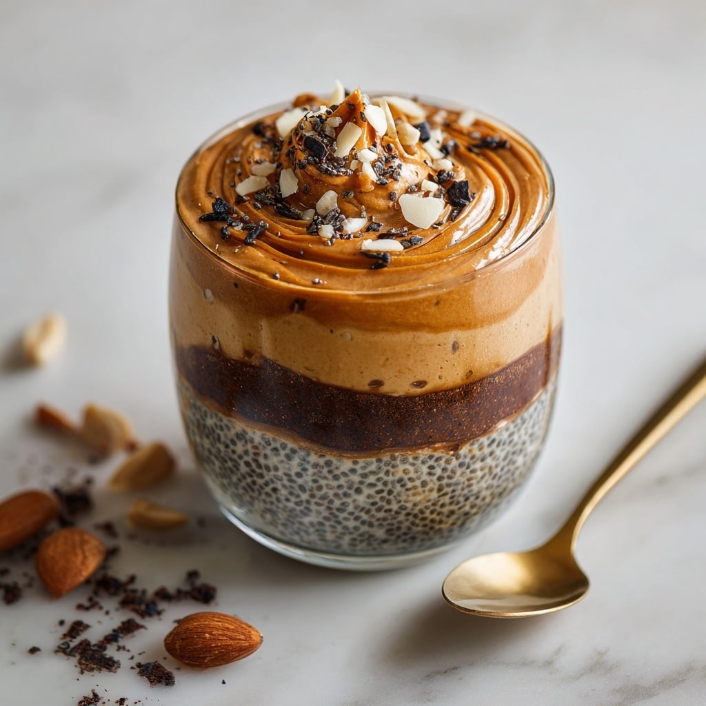 The image shows a top view of a round bowl filled with a thick, smooth chocolate brown smoothie base as the first layer. On top, there is a thick swirl of creamy tan peanut butter spread over one side, creating a spiral shape mixing slightly with the chocolate base. Scattered over the peanut butter are several whole light beige peanuts and small dark brown cacao nibs, adding texture and visual contrast. The bowl is set on a white marbled surface with a golden spoon and some peanuts scattered beside it. A white and beige striped cloth is partially visible on the left side. Photo taken with an iphone --ar 4:5 --v 7