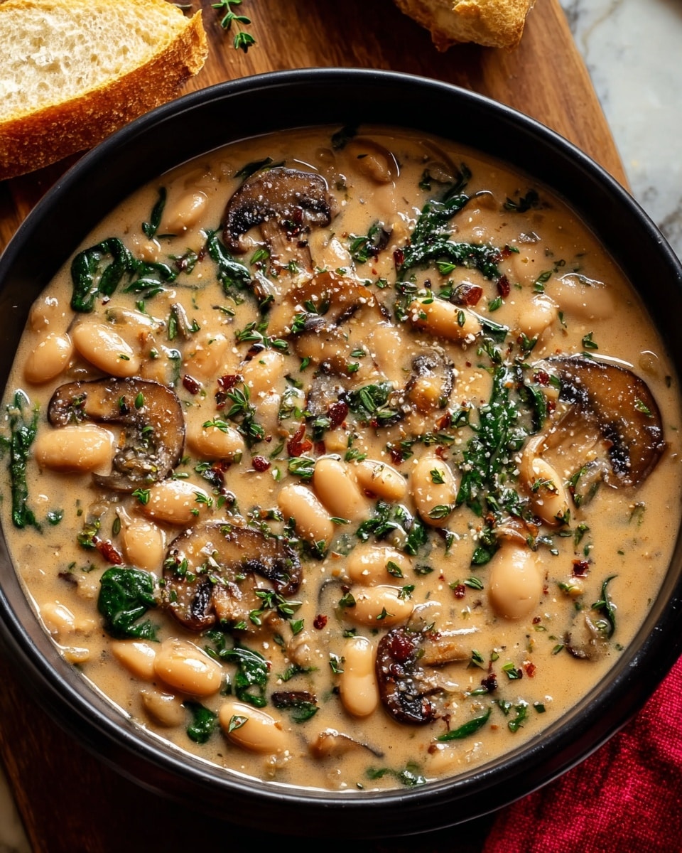 A close-up view of a black bowl filled with creamy soup that has white beans and browned mushroom slices floating throughout the dish. The creamy base has a light beige color with hints of green from chopped herbs and spinach leaves scattered evenly. The beans are plump and light-colored, contrasting with the darker brown mushrooms that have a slightly crisp texture. Finely chopped herbs are sprinkled on top, adding small green flecks and a fresh look. The bowl rests on a wooden surface with a piece of bread slightly visible at the top left, and a red cloth is placed on the right side. The background is a white marbled texture. photo taken with an iphone --ar 4:5 --v 7
