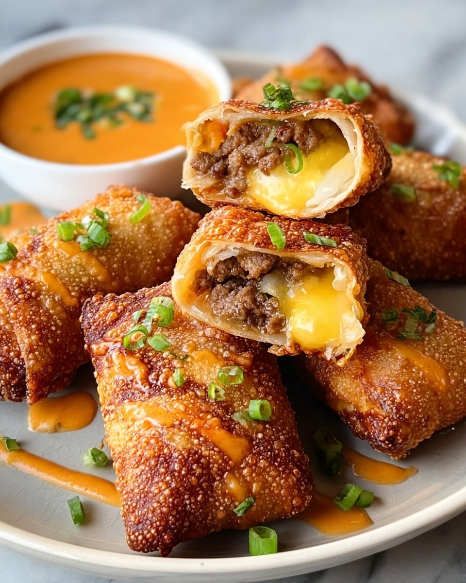 A white plate holds five golden-brown fried egg rolls with a crispy, bubbly texture on their surface. One egg roll is cut open, revealing two layers inside: a soft, melted yellow cheese layer on the bottom and a crumbly brown meat filling on top. The egg rolls are drizzled with light orange sauce and sprinkled with small green chopped scallions scattered around. In the background, a small white bowl contains an orange dipping sauce topped with green herbs. The plate sits on a white marbled surface. Photo taken with an iphone --ar 4:5 --v 7