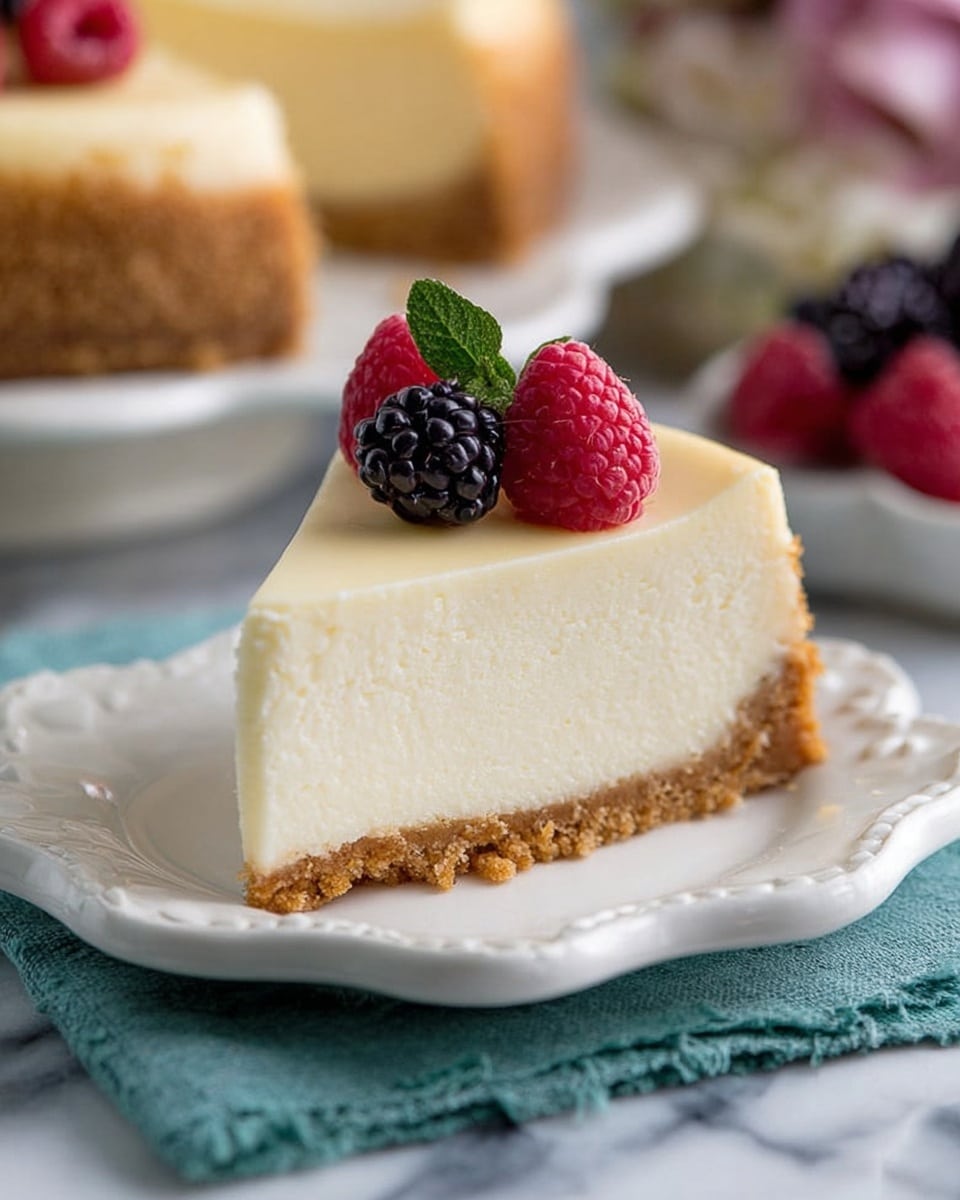 A close-up view of a cheesecake with two main layers: the thick, crumbly golden-brown crust that wraps around the sides, and the smooth, creamy pale yellow top layer. The cheesecake is sitting on a dark metal springform pan base, which rests on a purple textured cloth on a white marbled surface. The top of the cheesecake has a clean, even, matte finish, while the crust has a rough, grainy texture. In the blurred background, part of a black springform pan is visible. Photo taken with an iphone --ar 4:5 --v 7