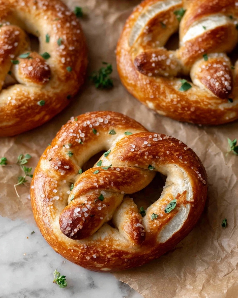 The image shows several golden brown pretzels placed on a tray with a white marbled texture background. The pretzels have a shiny, slightly crispy crust with coarse salt sprinkled on top, and small green herb pieces scattered over them. One pretzel is broken open, revealing a soft, fluffy inside filled with a creamy, white cheese mixed with small green herbs. There are some cheese shreds and flakes around the pretzels on the tray, adding to the visual texture. photo taken with an iphone --ar 4:5 --v 7