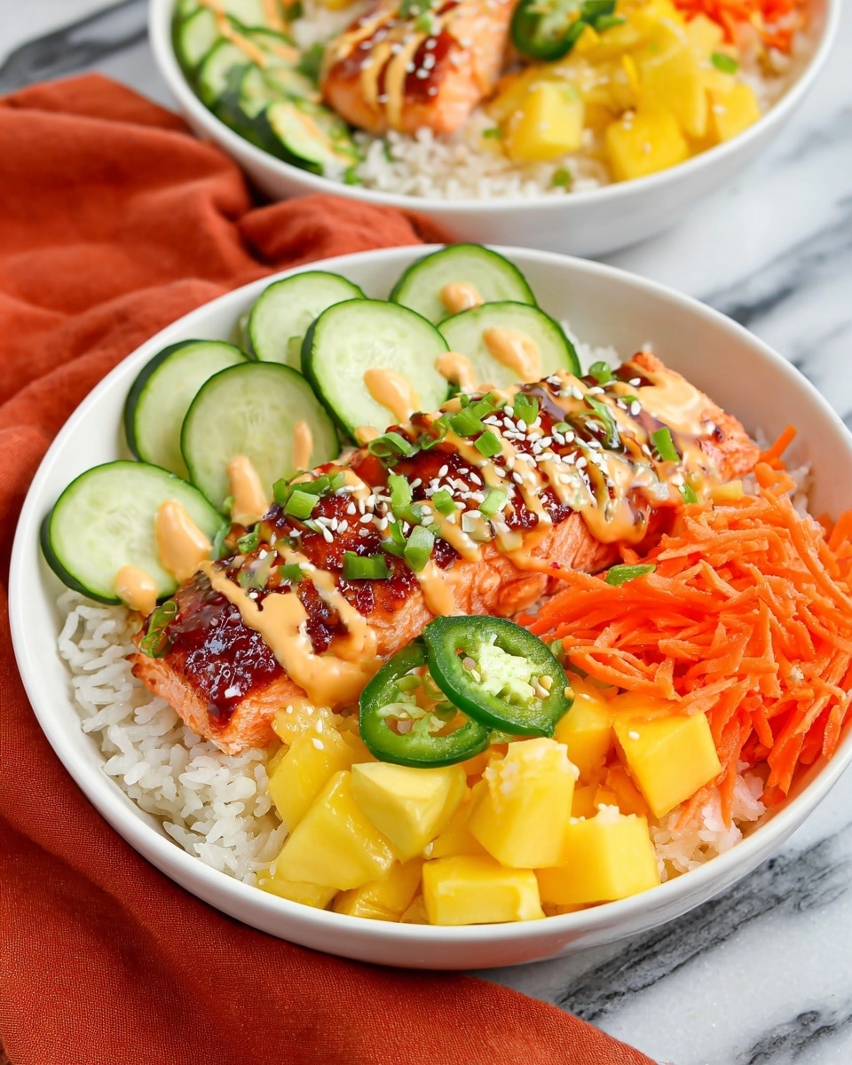 A white bowl holds a colorful layered dish starting with a base of white rice. On top, neatly arranged slices of light green cucumber sit on the left side, with bright yellow mango cubes next to them at the bottom right. In the center, a piece of grilled salmon with a shiny reddish-brown glaze is topped with pale orange sauce drizzles and sprinkled with white sesame seeds. To the right of the salmon, a pile of finely shredded bright orange carrots adds texture, while thin slices of green jalapeño peppers are scattered over the salmon, mango, and carrots. The bowl is set on a white marbled surface with an orange cloth in the background. Photo taken with an iphone --ar 4:5 --v 7