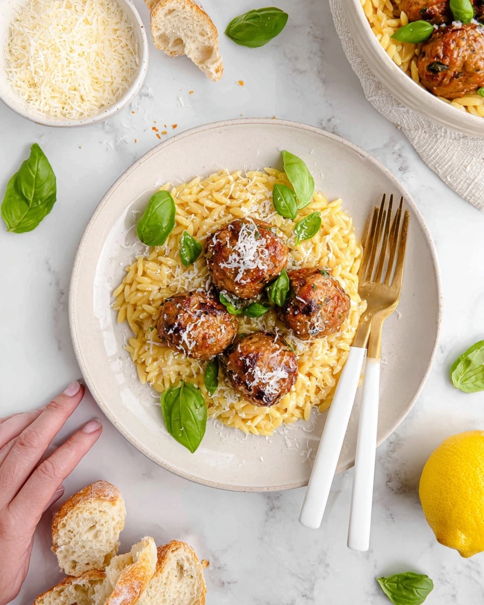 The image shows a white shallow dish filled with two layers: the bottom layer is a golden-yellow lemon sauce with specks of herbs and spices, and thin, round lemon slices scattered throughout. On top, there are about 25 light brown, slightly crispy meatballs seasoned with green herbs placed evenly in the lemon sauce. A silver spoon is scooping one meatball from the dish, and a small part of a woman's hand is visible holding the spoon. The dish sits on a white marbled surface with a soft-colored cloth partially visible on the right side. Photo taken with an iphone --ar 4:5 --v 7