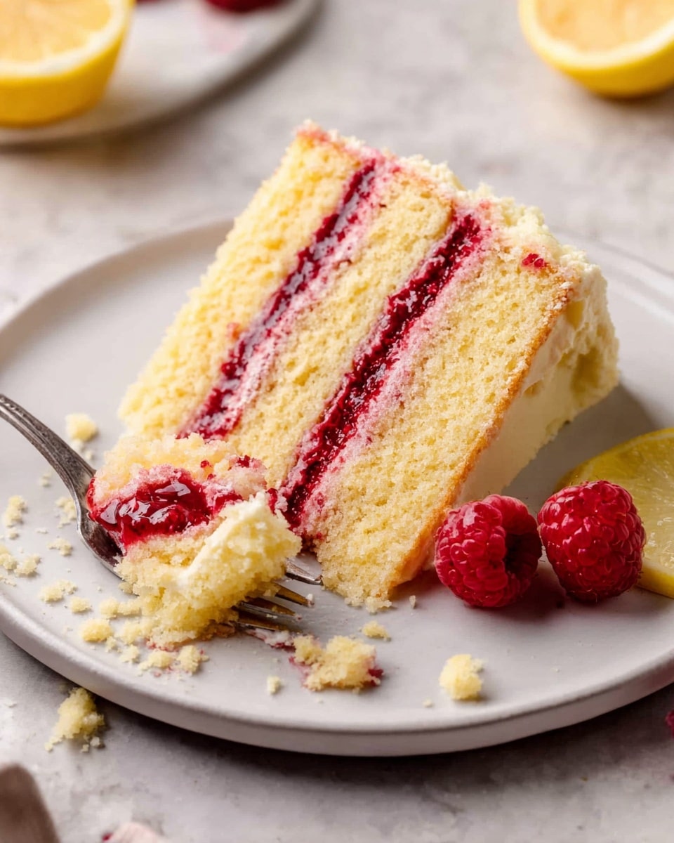 The image shows a slice of a four-layer yellow cake with three thin layers of red jam evenly spread between the cake layers. The outside of the cake is covered in light pink frosting, with a rough texture and bits of crushed red crumbs scattered on top and around the sides. The top of the cake has small piped swirls of the same pink frosting. The cake slice is placed on a white marbled surface with some crumbs around it. photo taken with an iphone --ar 4:5 --v 7