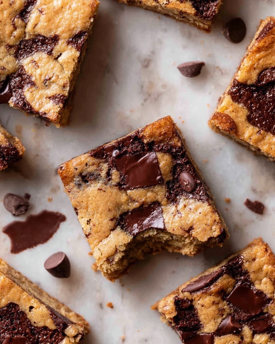 The image shows two square chocolate chip cookie bars stacked on each other on a light brown parchment paper. The bottom bar is flat and golden brown with many shiny, melted dark chocolate chips embedded across its surface. The top bar is placed slightly tilted, revealing a soft, moist interior filled with chunks of melted chocolate and a slightly crumbly texture. Around the bars, there are a few scattered whole chocolate chips and crumbs. The whole scene is set on a white marbled texture. photo taken with an iphone --ar 4:5 --v 7