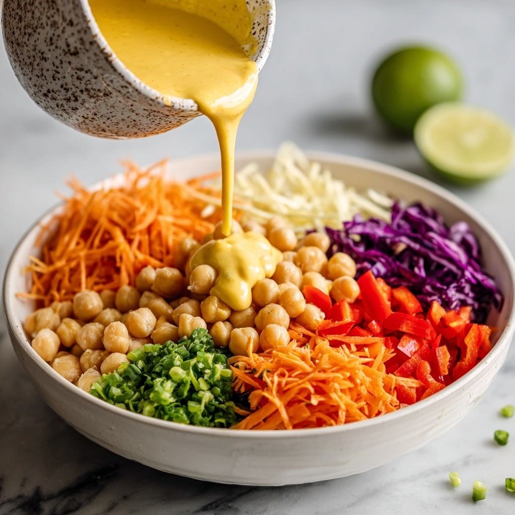A white bowl filled with six colorful layers arranged in sections: bright red bell pepper pieces on the right, light beige chickpeas next to them, fresh chopped green herbs at the bottom, shredded orange carrots on the left, sliced light green scallions near the top left, and shredded vibrant purple cabbage on the top right. A creamy, thick yellow sauce is being poured from a speckled bowl above into the center of the colorful mix, with a lime half blurred in the background on a white marbled surface. Photo taken with an iphone --ar 4:5 --v 7